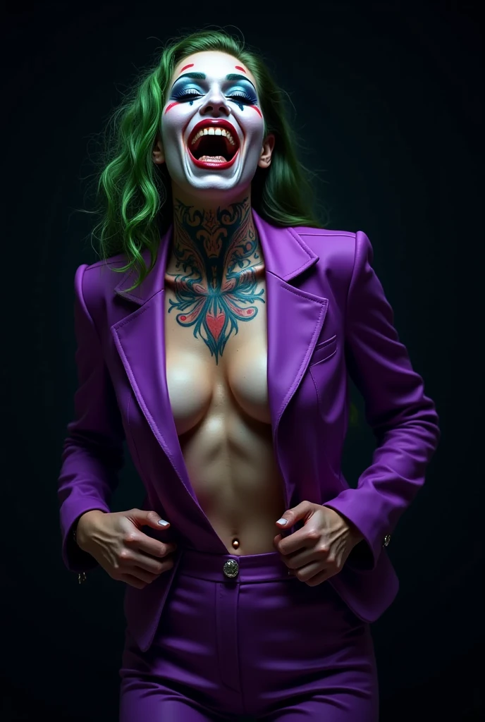 {
  "prompt": "A faithful female version of the iconic Joker from DC Comics, reimagined with a seductive yet psychotic allure, posing confidently for a photo. She has pale white skin and wild, vibrant green hair styled in messy, chaotic curls. Her makeup is heavy and smeared, inspired by Heath Ledger’s Joker, with dark, hollow eyes surrounded by smudged black makeup, and a blood-red, twisted smile that extends unevenly beyond the corners of her mouth, creating a chilling, yet irresistible, grin. She wears a tailored purple suit jacket with a green vest and matching tie, left open to reveal her toned, alluring physique, paired with a revealing purple bikini bottom. She stands in a dramatic pose, one hand on her hip, the other playfully twirling a lock of green hair, her body language exuding dangerous confidence. Her expression is a mix of madness and seduction, making her both terrifying and impossible to resist, using her beauty as a weapon to lure her prey. The background is dark and mysterious, with a spotlight illuminating her, capturing every detail of her twisted elegance.",
  "size": "1024x1792"
}
