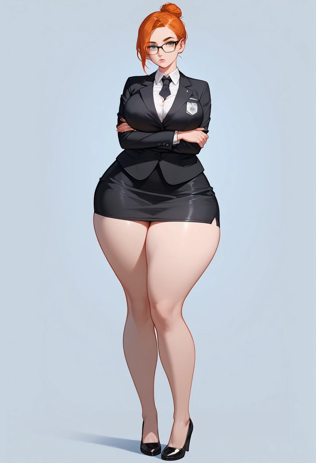 blank background, (((full body))), (masterpiece), ((best quality)), ((tall girl)), straight hair (curvy:1.6), (short skirt), shoes, belt below navel, black hair, (black suit and tie), wide hips