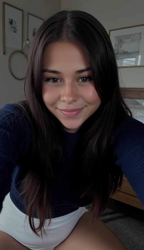 (best quality,ultra HD,realistic:1.2),pretty woman, blue sweater, smirking, selfie, ultra-detailed, vivid colors
