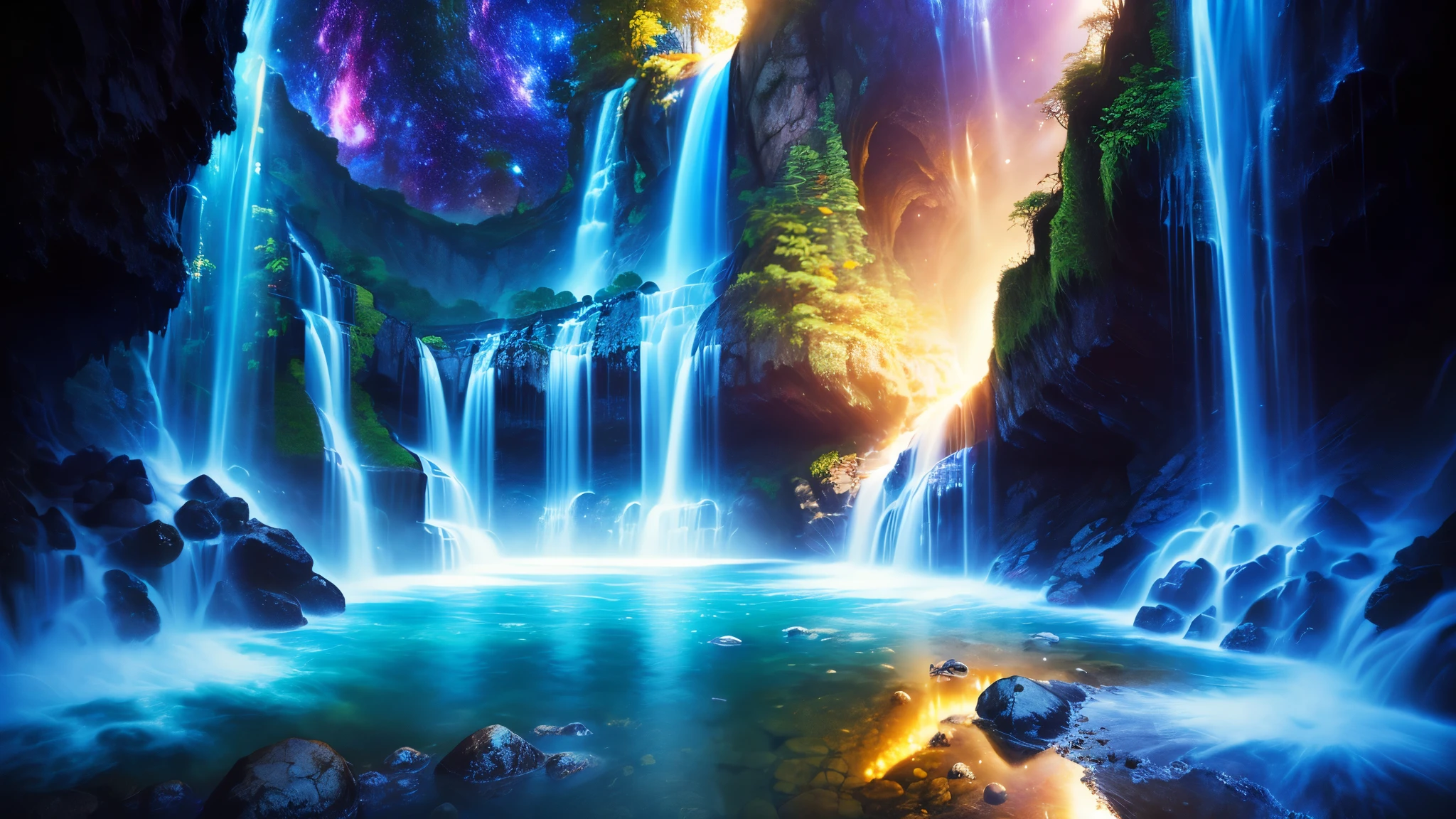 Majestic Atmosphere,Vast Sky,( very beautiful artistic watercolor painting ),Beautiful Nature ,beautiful sky from the light source\(( very elaborate and beautiful galaxy reflection:1.4)\),(Many waterfalls are lined up),There are waterfalls on both sides of the river,Lots of Flow,Glowing Moss,fantasy,twinkling mystical light ,reflection, quality\(8k, very detailed傑作, high resolution,top- quality,super realistic, increase resolution , RAW photo ,beste quality, very detailed \)