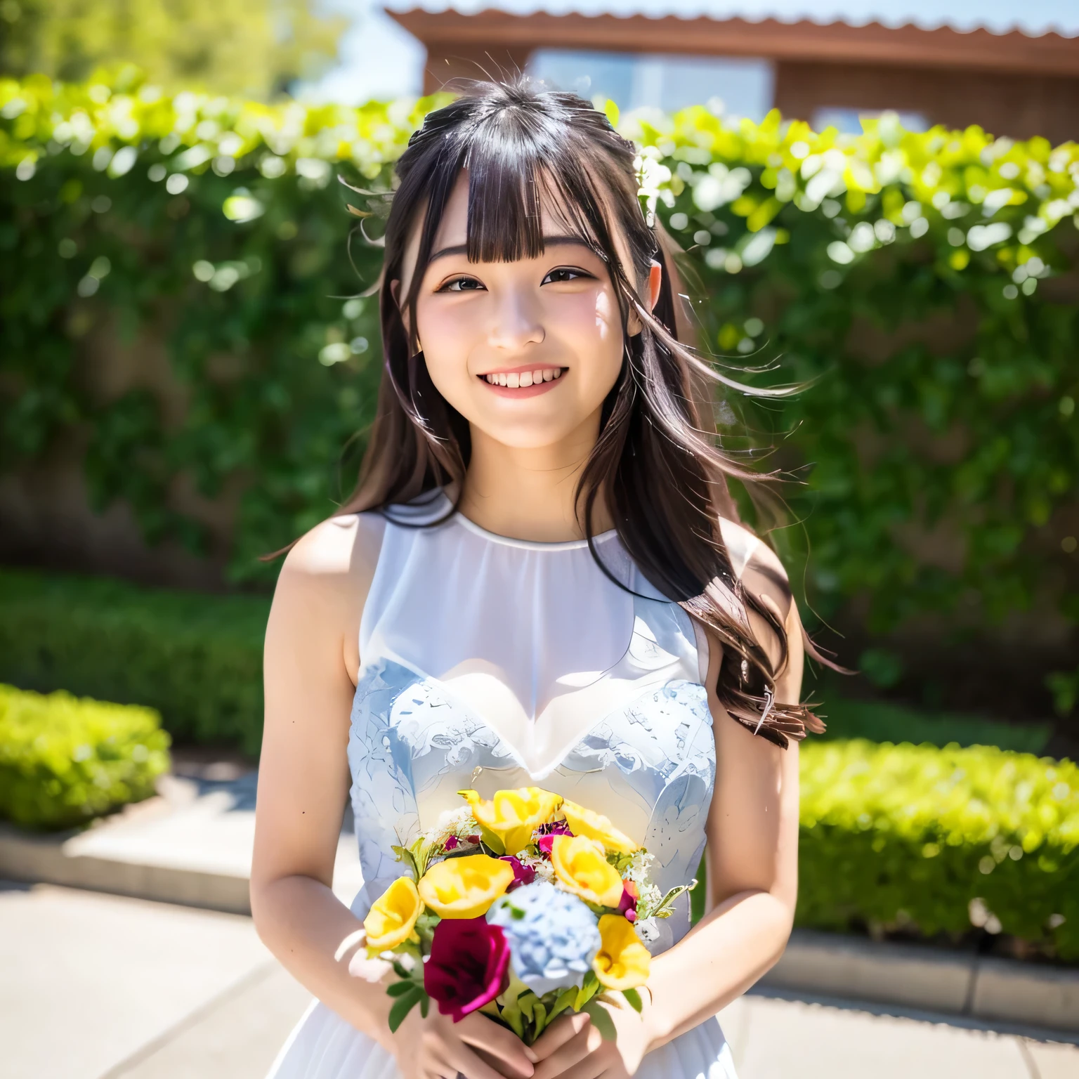 A breathtakingly beautiful 20-year-old woman stands in the courtyard of a luxurious mansion beneath a clear blue sky. She wears a white and blue wedding dress, holding a red bouquet gracefully in front of her chest. Her radiant smile and joyful expression exude pure happiness. Dark hair, long hair, dark eyes.