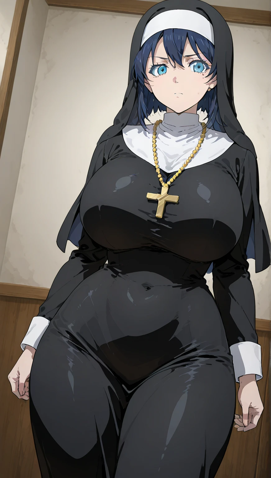 (Hyūga Hinata), ((Extra Large tits : 1.3)), ((Wearing Nun Clothes)), ((Garter Stockings)), ((Busty Body)), ((Diamond Bracelet)), ((Diamond Necklace)), at luxurious Onsen Room, Lewd Gesture, Lustfull Expression, ((Having praying)).