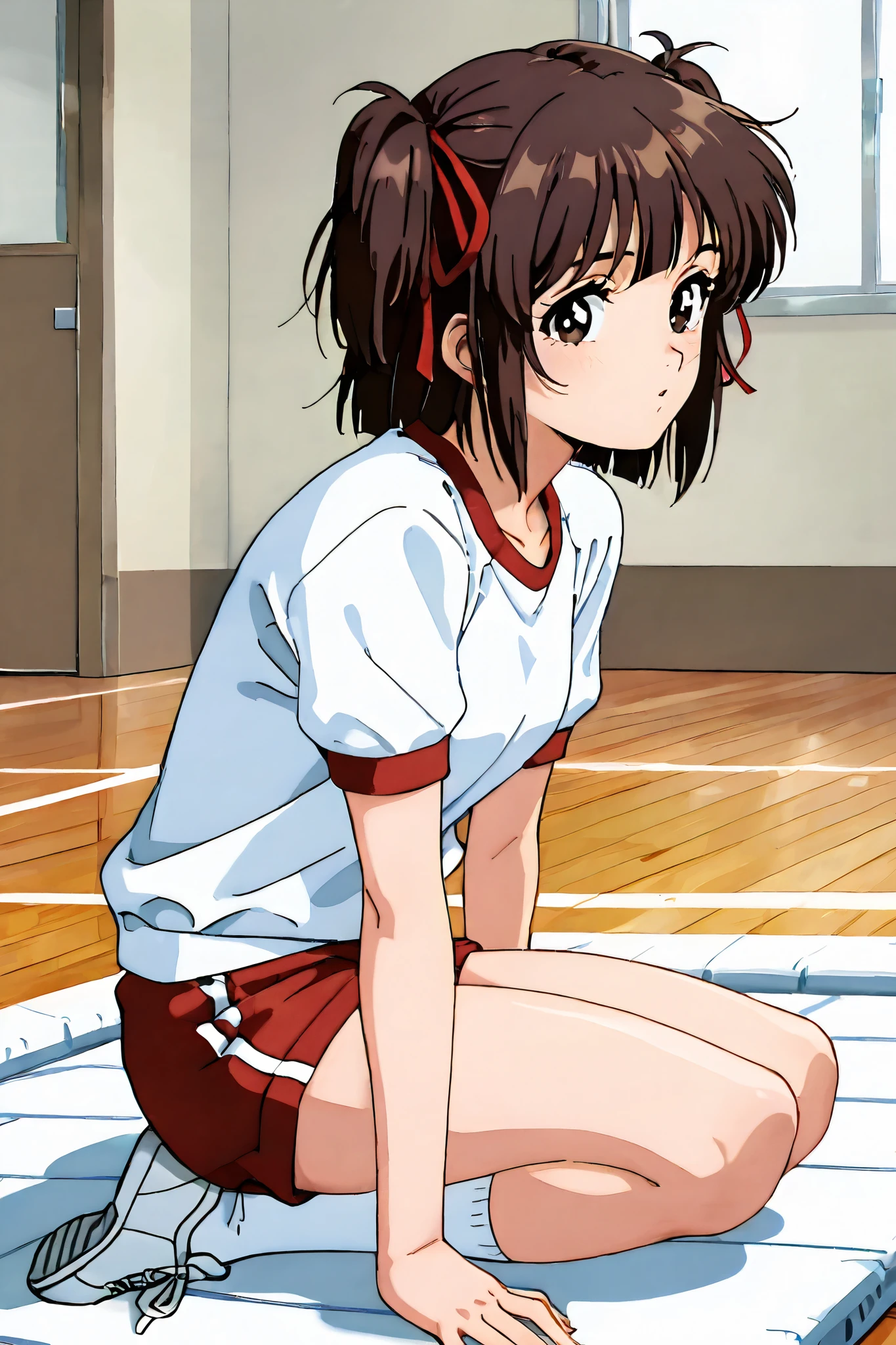 kayo,dark brown eyes,dark brown hair,two side hair,shoulder-length short hair,hair tied thin red ribbons,,tareme,labiomental sulcus,masterpiece,best quality,amazing quality,ultra detailed, very aesthetic,highres, beautiful detailed hair, beautiful detailed eyes, beautiful detailed face,beautiful,super detailed skin, perfect anatomy,score_9, score_8_up, score_7_up, source_anime,retro art style,[[realistic]],gym uniform,whole body,full length,gymnasium Mat,from side,side view