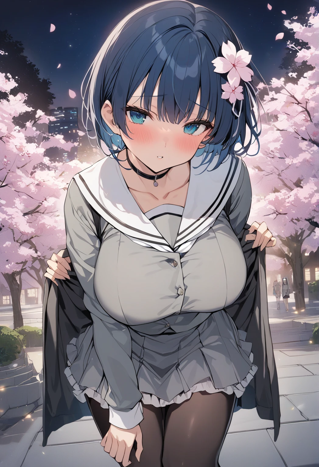 1girl, , turquoise vest, collared shirt, yellow bowtie, open jacket, blue skirt, black-framed eyewear, pleated skirt, black hair, turquoise bangs, very short hair, hair over eyes, pale skin, medium breasts, turquoise eye, smile, country house, big belly, obesity, dusk,masterpiece), best quality, anime style, full body