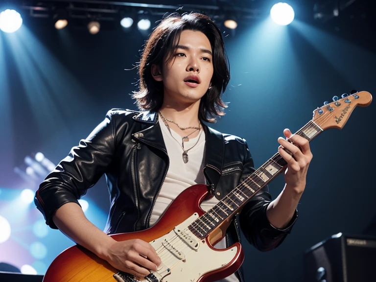 "An Asian man is performing an electric guitar solo on a stage with vibrant, colorful lighting. A spotlight shines directly on him, and the atmosphere is filled with smoke and laser light effects, creating the feeling of being at a live concert. He has short, stylish black hair and a confident expression. He is dressed like a rockstar, wearing a leather jacket or a V-neck shirt, and his pose exudes energy and emotion as he passionately plays the guitar. The background features an enthusiastic audience cheering and waving their hands to the rhythm of the music."