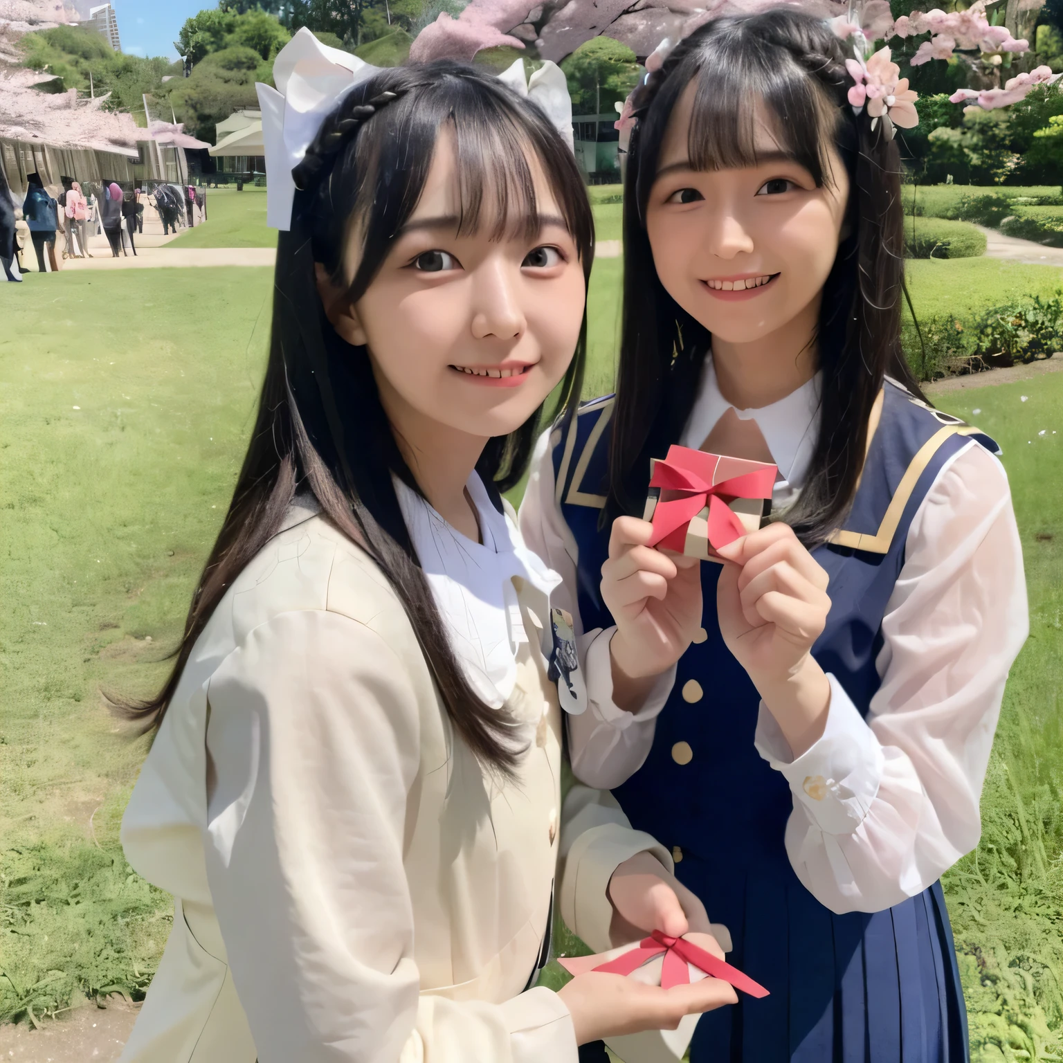 A breathtakingly beautiful 20-year-old woman stands in a lush park filled with cherry blossoms in full bloom beneath a clear blue sky. She wears a classic sailor uniform and gently holds a small, neatly wrapped gift box adorned with a red ribbon. Her radiant smile and joyful expression convey heartfelt happiness. Dark hair, long hair, dark eyes.