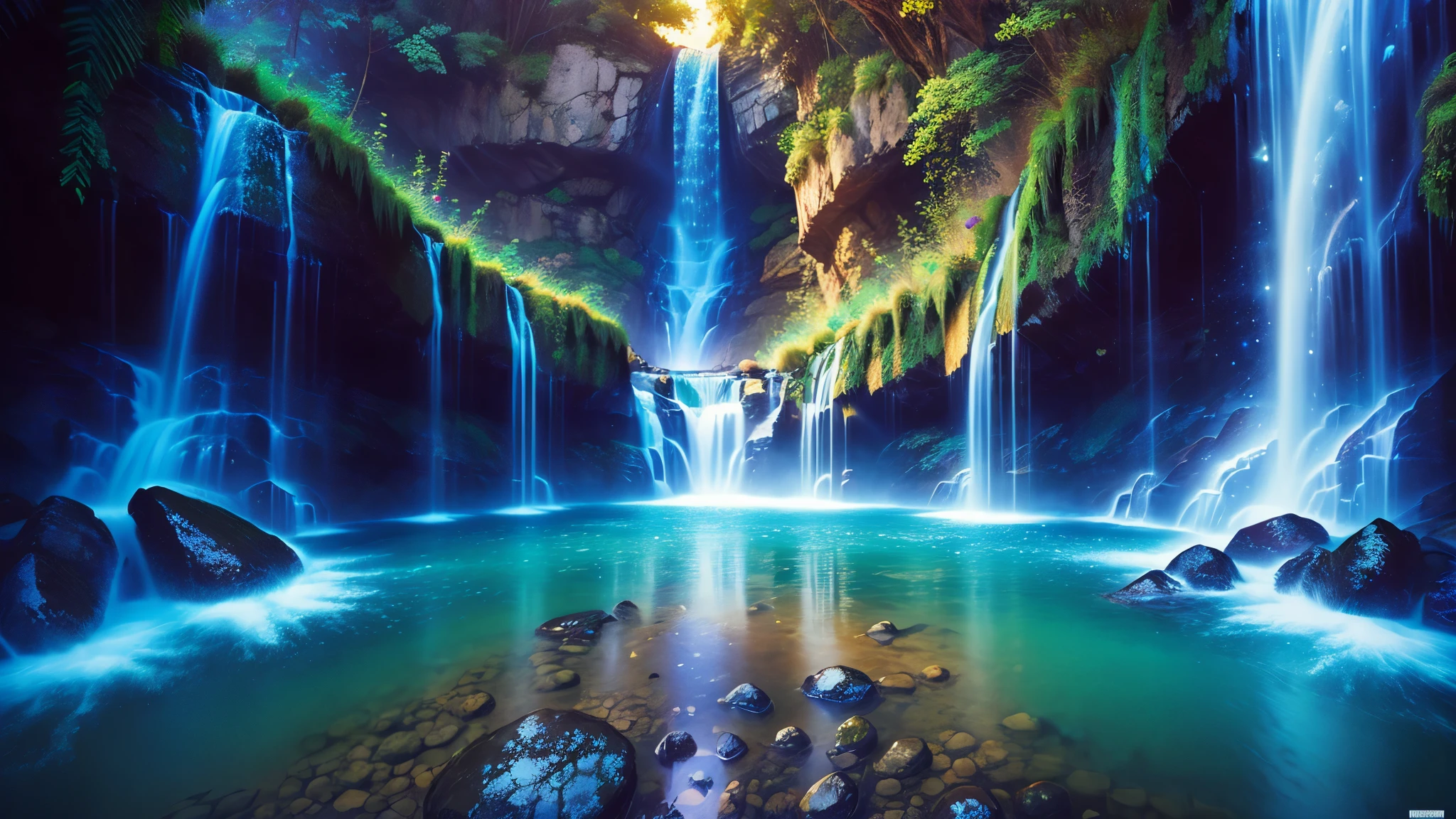 Majestic Atmosphere,Vast Sky,( very beautiful artistic watercolor painting ),Beautiful Nature ,beautiful sky from the light source\(( very elaborate and beautiful galaxy reflection:1.4)\),(Many waterfalls are lined up),There are waterfalls on both sides of the river,Lots of Flow,Glowing Moss,fantasy,twinkling mystical light ,reflection, quality\(8k, very detailed傑作, high resolution,top- quality,super realistic, increase resolution , RAW photo ,beste quality, very detailed \)