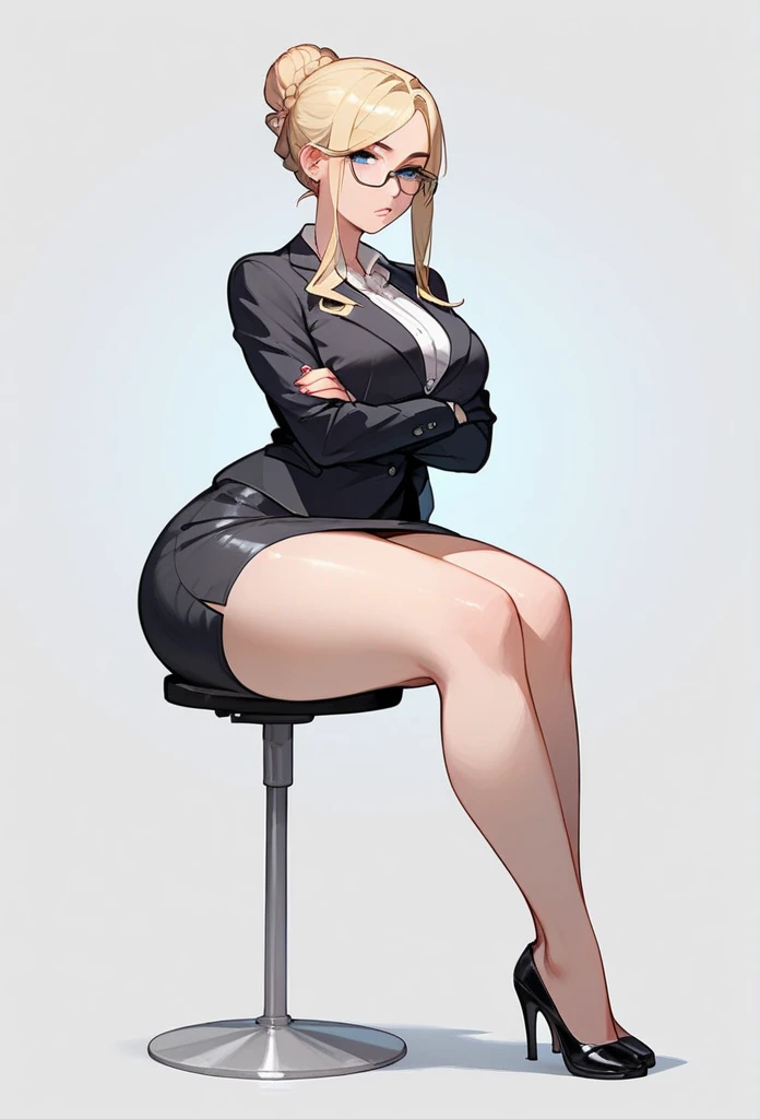 Dark skin woman, 50 years old, black hair in a bun, glasses, tight black open blazer, black pencil skirt, barefoot, small feet, 5 toes on each foot, white nail polish, thick thighs, large thighs, wide hips, strict teacher, full body shown including feet, resting her feet, legs crossed , sitting on her chair, removed black high heel pumps on the floor, long elf ears, dark skin, white toe nails, 5 toes on each foot, presenting feet, darker skin tone