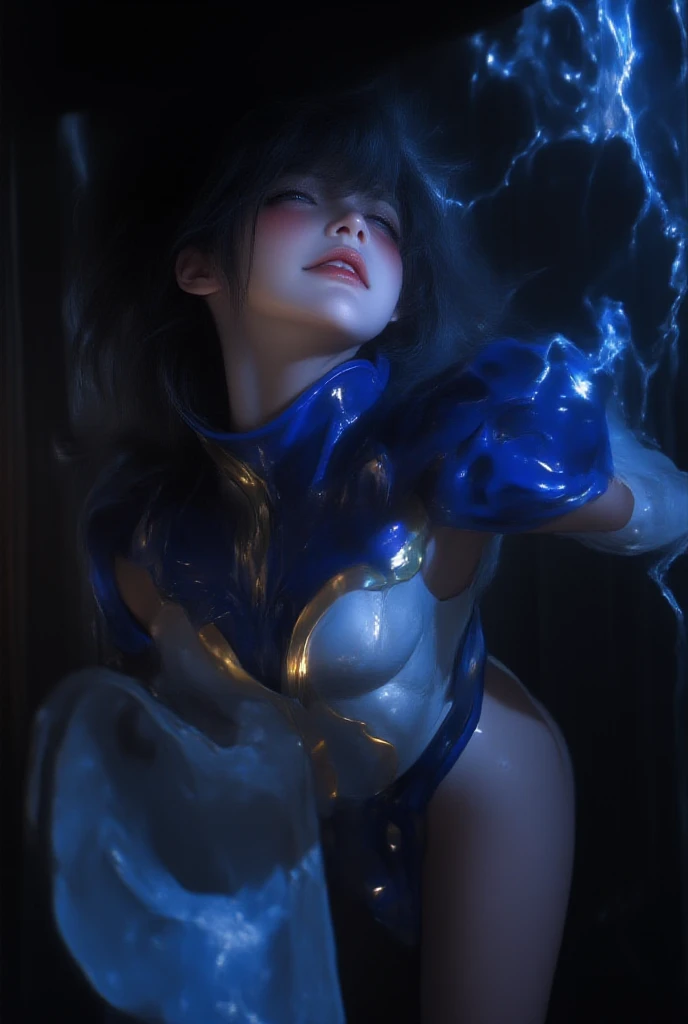 From Side, Photorealistic, Official art, Unity 8k wallpaper, 8K Portrait, Best Quality, Very high resolution, (Incredibly beautiful nature background:1.6), One girl, One beautiful teenage Italian girl, sixteen years old, Obscene, (Sexy and glamorous:1.1), (A coquettish expression:1.6), (small breasts with raised pink areolas:1.6), Vulgarity, (seductively smiling:1.2), (full body1.0), (erotic posing:1.5), (Magic Attack Pose:1.6),(magical effects like sparkles or energy:1.5), (Electric shock from hands:1.1), (Detailed blue bodysuit with beautiful fractal or marble design:1.5), (Beautiful and d delicate ruby, topaz, emerald and sapphire jewelry:1.45), Beautiful seductive face, Portrait, (Thick eyebrows:1.2), (Big purple eyes:1.2), Beautiful eyes with fine symmetry, (ultra detailed eyes:1.4), (High resolution eyes:1.1), Intimate face, (ultra detailed skin texture:1.4), white skin, Perfect Anatomy, Thin, (Beautiful toned body:1.1), Hair Bow, (Moist skin:1.1), full of sweat, No makeup, dark circles, Good anatomy, Focus Face, good looking, (Emilia Clark:0.6) (Emma watson:0.3),(Jennifer Connelly:0.4), (sensual face:1.5), Elegant face, Nice, Dolce, Cyberpunk Sci-Fi, (Gauntlets with intricate and beautiful designs:1.2), Blurred background, Blurred foreground, depth of fields, (Motion Blur:1.1), Complex and colorful biomechanical bodysuit, Zentangle, mandalas, Entangled, (Small breasts:1.2), Sheer breast, (Beautiful :1.2), (NSFW:1.2), large hips, drivel, Juice stain, grabbing on breasts