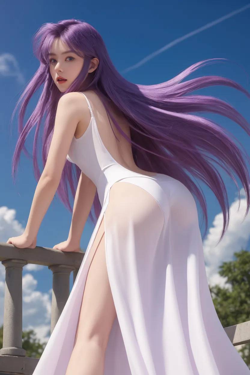 Girl with long purple hair, Slim, pretty, little chest, naked ass