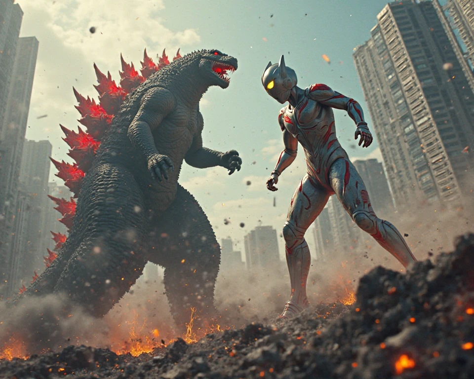 Ultraman choke Godzilla with two hand. Battlefield. Building destroy. Tilt shift photography. Realistic. 4k. Hull hd