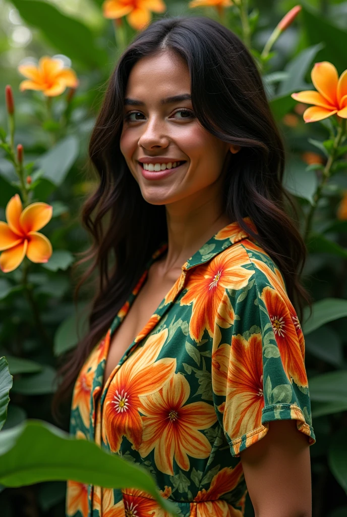 Drawing of a smiling Brazilian woman in a marijuana plantation, wearing a sexy one-piece swimsuit, with a close-up of the perfect lines of her breasts, marijuana plantation environment Drawing