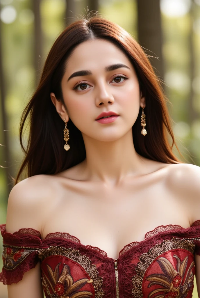 Create a 24-year-old Indian girl with kind beautiful eyes, masterpiece), (best quality:1.7), (detail:1.3, best quality, (ultra-detailed), (an extremely delicate and beautiful),cinematic light, dynamic angle, floating, (best quality:1.3), Indian teen girl, wearing teal, magenta charming face , seductive pose, meadows background , with slightly wavy hair, beautiful lips, an attractive necklace, beautiful slim ears, and wearing a light chain around her neck, Big brest nipple nice cleavage seductive poses red lips full body front face nudes