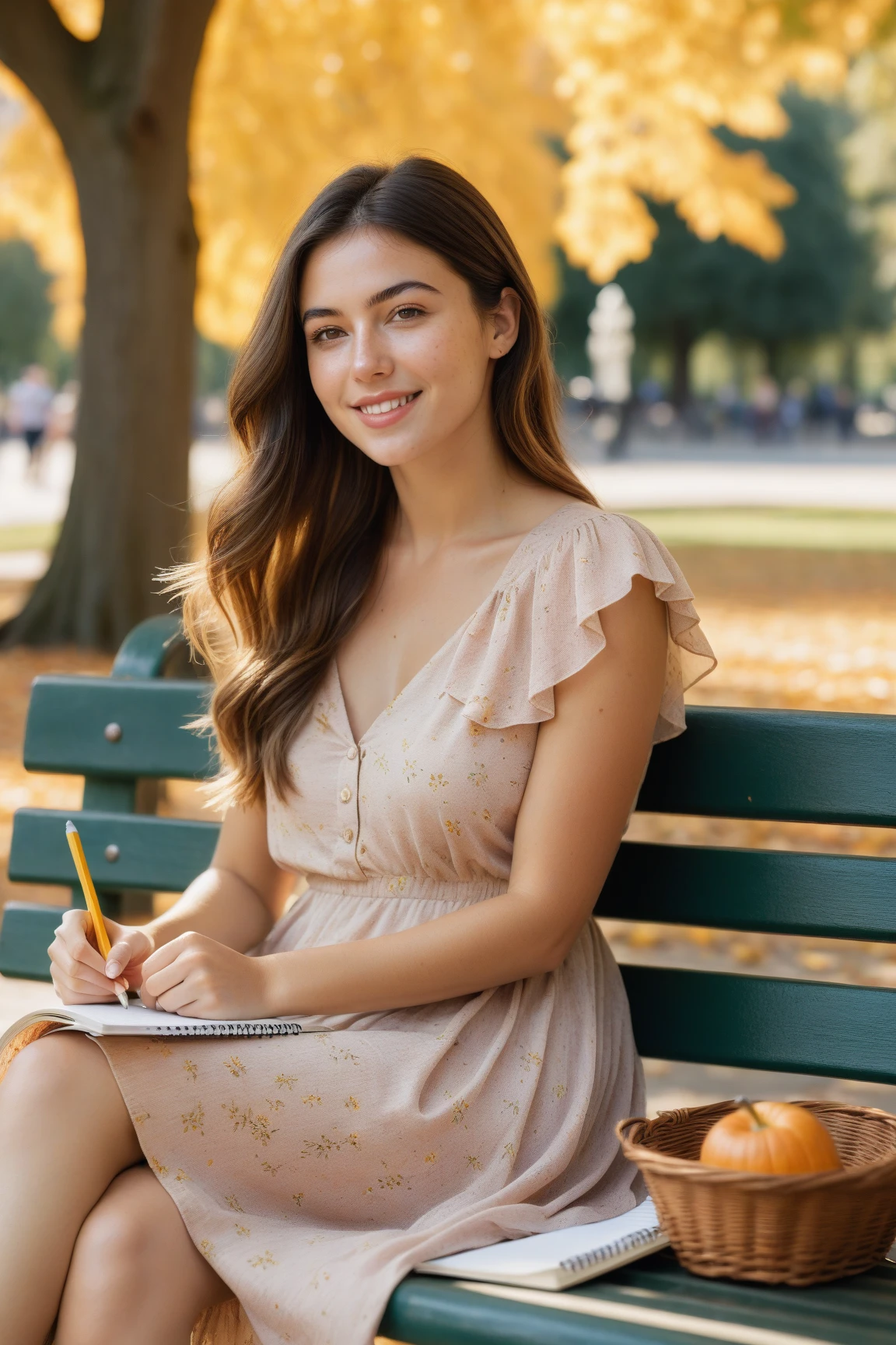 ultra-detailed, soft_natural_lighting, 25-year-old_woman, sitting_on_park_bench, sketching_in_notebook, floral_summer_dress, loose_hair_in_wind, warm_smile, focused_expression, pencil_in_hand, watercolor_palette, autumn_leaves_falling, golden_hour, sunrays_through_trees, dappled_shadows, vibrant_flowers, distant_fountain, serene_atmosphere, cozy_park_setting, realistic_skin_texture, delicate_freckles, pastel_color_palette, no_people_nearby, peaceful_mood, cinematic_composition
