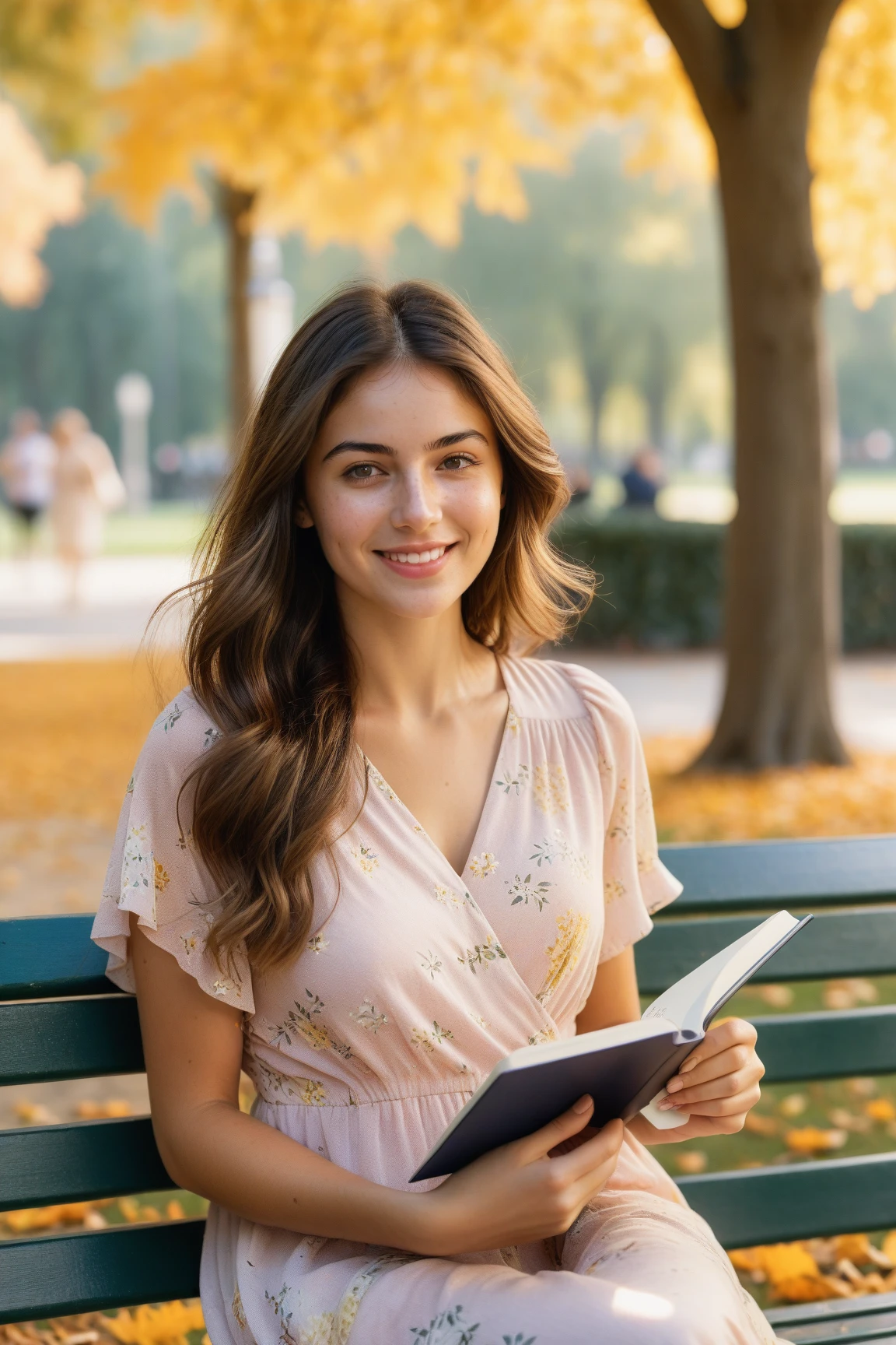 ultra-detailed, soft_natural_lighting, 25-year-old_woman, sitting_on_park_bench, sketching_in_notebook, floral_summer_dress, loose_hair_in_wind, warm_smile, focused_expression, pencil_in_hand, watercolor_palette, autumn_leaves_falling, golden_hour, sunrays_through_trees, dappled_shadows, vibrant_flowers, distant_fountain, serene_atmosphere, cozy_park_setting, realistic_skin_texture, delicate_freckles, pastel_color_palette, no_people_nearby, peaceful_mood, cinematic_composition