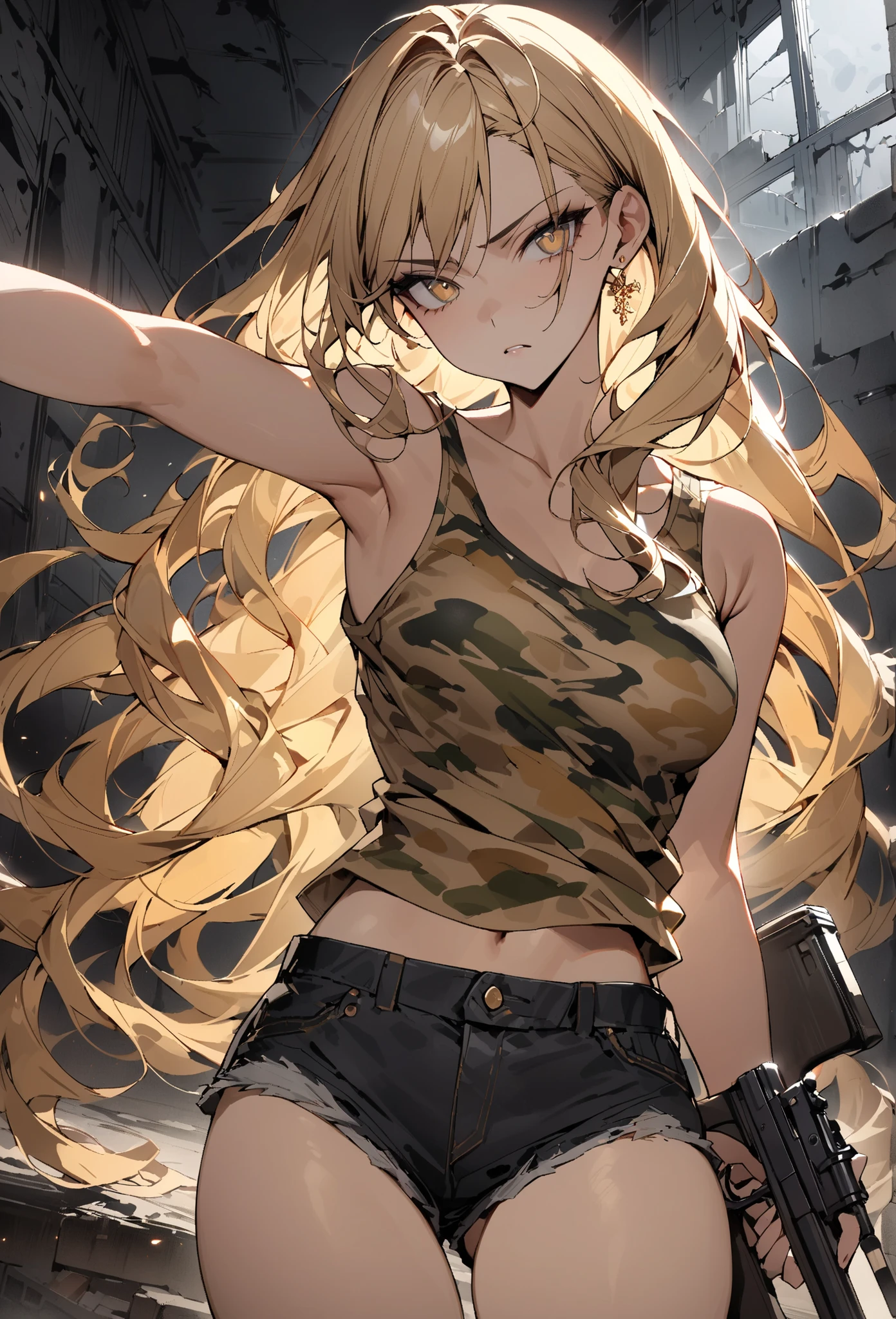 ((greatest masterpiece,Super high quality:1.2)),(super resolution),(solo),cowboy shot(front),night,Slender, slender high school student holding a gun in an abandoned building in a cool pose,beautiful face,(long blonde hair),perfect golden eyes,staring at you,serious expression,high quality camouflage tank top,high quality black denim shorts,high quality black military boots,gold earrings