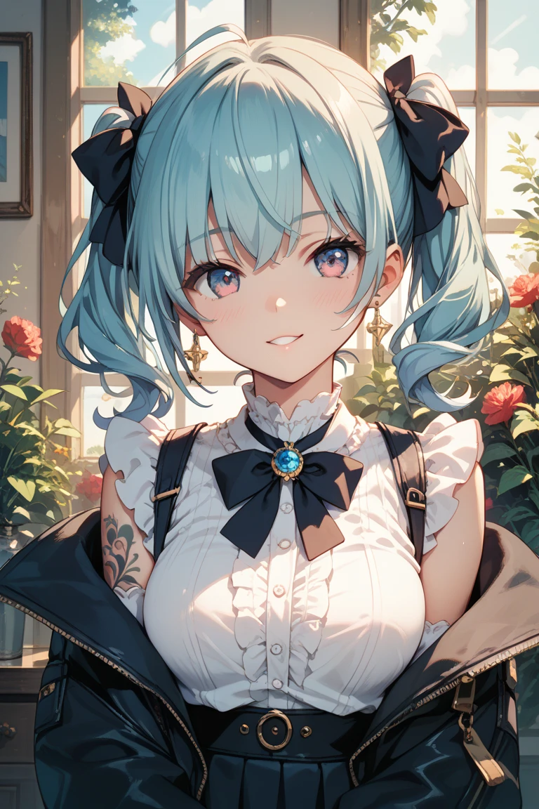 absurderes,Best Quality,Insanely detailed,1 cute lovely girl,Cute smile,Peace,short drill twin tails,aqua hair,Pink eyes,(Round glasses:1.2),(Maid costume:1.2),maid hair band ,Ruffled short skirt ,striped knee-length or above,maid apronl,cleavage,(sagging boobs:1.2),(from above :1.2),Cute Pose,Professional Lighting,Cinematic Angel,vivd colour,Bright tones,Hyper realistic, Perfect Anatomy, Perfect five fingers
