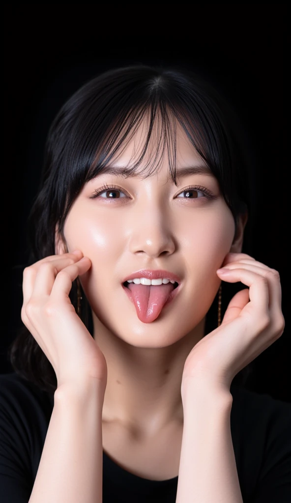 (realistic, photo-realistic:1.37), (muste piece), (highest quality:1.4), (Super high resolution:1.2),(RAW photo:1.2), 1 female, (stick out her tongue), (tongue), Super high resolution, realistic, highest quality, 8K resolution, muste piece, short hair,((business suit,black suit)), ((I photographed the whole body)), (Ahegao), kneel down, oh face, please open your mouth wide, Stick out your tongue and receive, put one hand over your mouth, ecstasy, look up, shoot from above, (drool dripping from the mouth), tongueが出ている, (Drool accumulates on the tongue), ecstatic expression, large amount of liquid in the mouth,,,, white liquid on chest, delicate fingertips, complicated fingertips, NSFW, eyes roll back, look up, zero two,highly detailed face,Ultra-detailed tongue,highly detailed eyes,highly detailed face,super detailed arm,super precise hands,super detailed fingers,very beautiful white teeth,