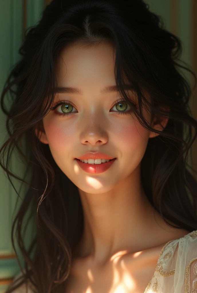 Height must be at least 174cm、Fair skin、Long brown hair、A Japanese woman who resembles Anne Hathaway, with green or yellow-green eyes and a constant smile, wearing a boxing outfit