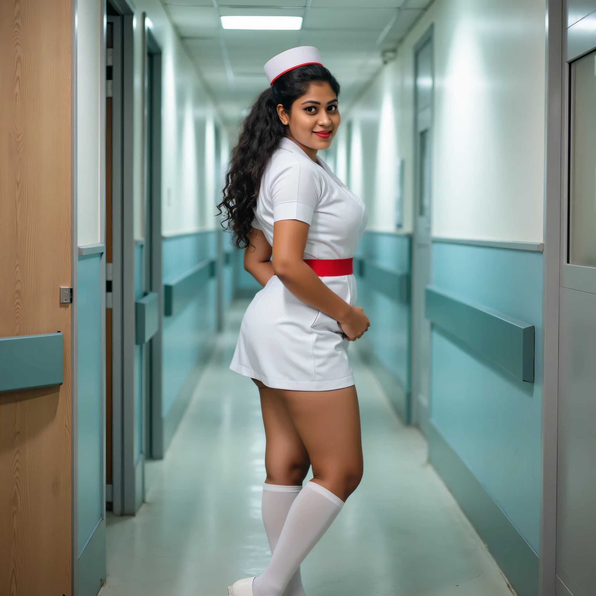 A photoshoot of a srilankan 25 year old nurse, camera angle wide and full body shot, side view, full body capture, she's in the middle of hospital, she have sexy slim triangle body shape, sexy figure,she have bum hair style and black hair, she have swooping big breast, sexy thighs, sexy face expression, she's wearing nurse uniform,skirt above the thighs, red color waist, she's wearing nurse cap, she's wearing white Sox and nurse shoe, she's seeing at the camera, "she's standing ", she's showing her booty , big booty, wearing nurse cap