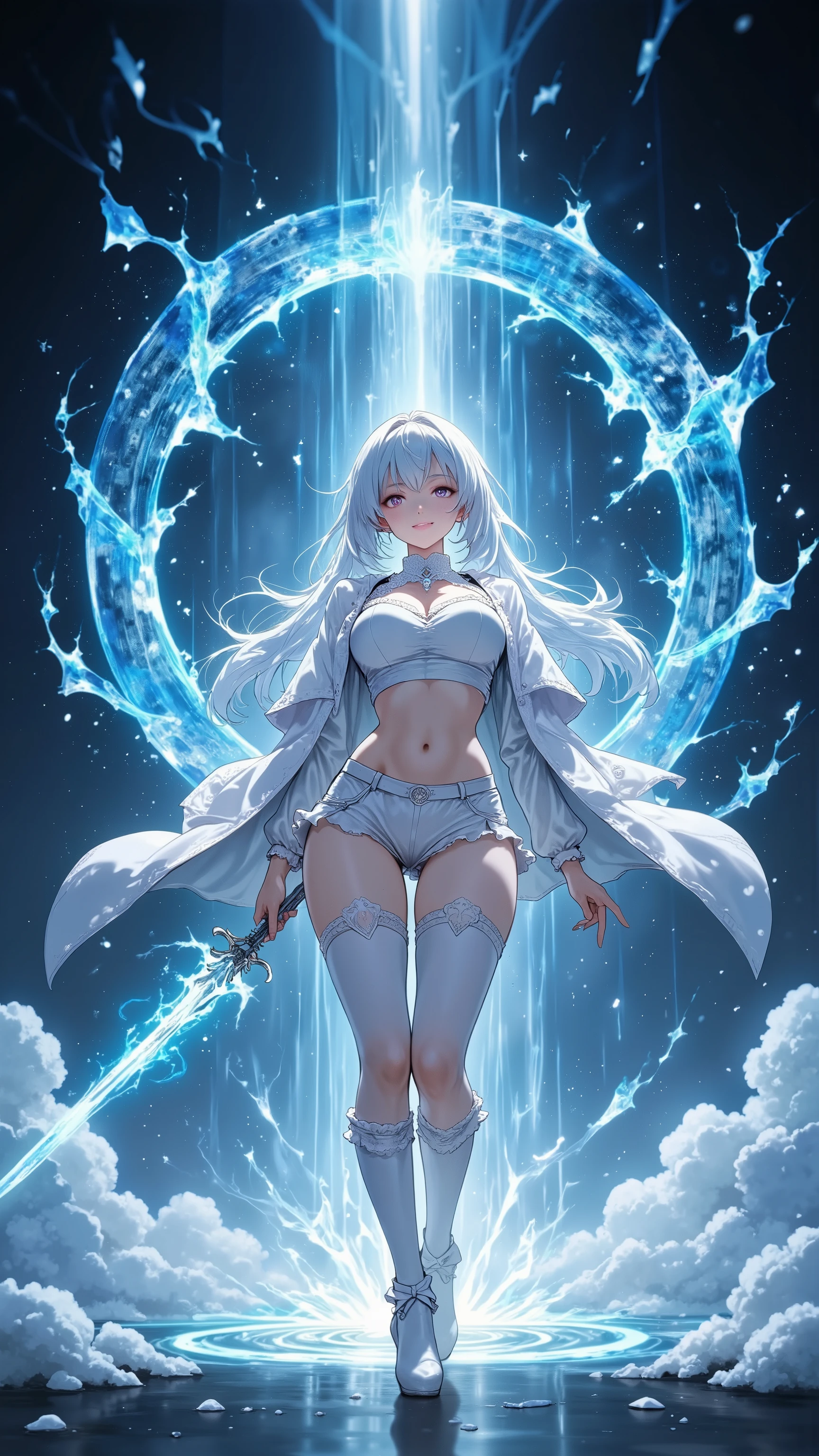 curvy naked goddess shooting lightning from her hands into the sky