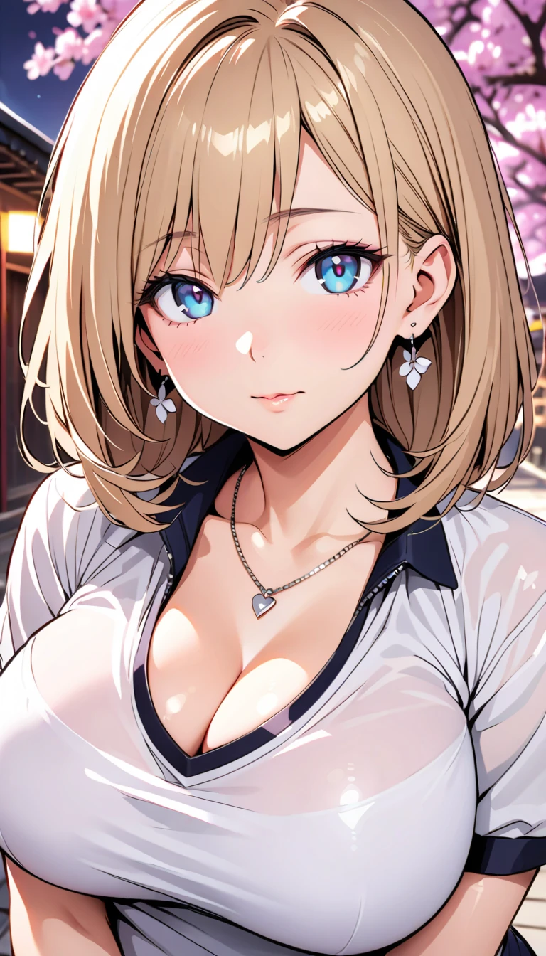 Best quality, A high resolution, and18, 1girl in, Android 18, Solo, Blonde hair, Blue eyes, Short hair, Earrings, jewelry, denim vest, Open vest, Black pantyhose, Black shirt, Denim skirt, Striped long sleeves, Blue skirt, Medium breasts, Cowboy shot, street, (Externally expanded Chest: 1.2)