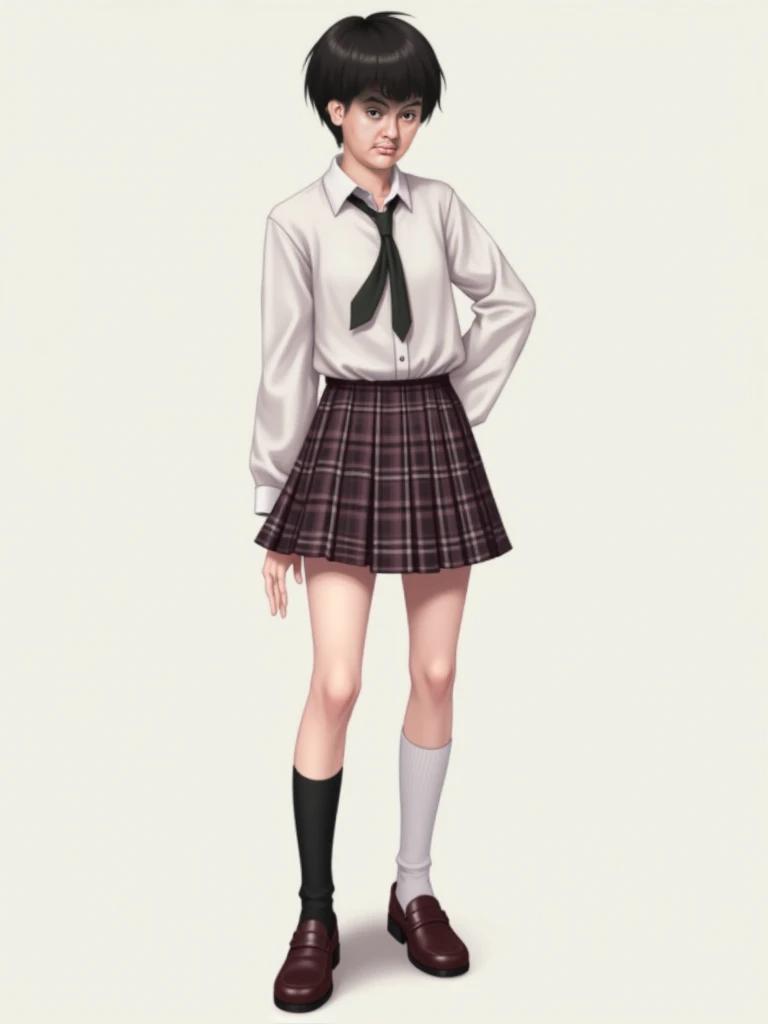 1girl、Standing in front of the viewer、Masterpiece、Official Art、high waist、Brown and dark brown houndstooth A-line dress、Sharp piping at transitions and edges、Super detailed、super beautiful、white straight short hair、Knee-high boots、