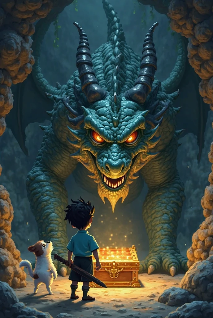 A young adventurer finds an ancient book in a mysterious library, depicting a sleeping dragon in a magical kingdom.