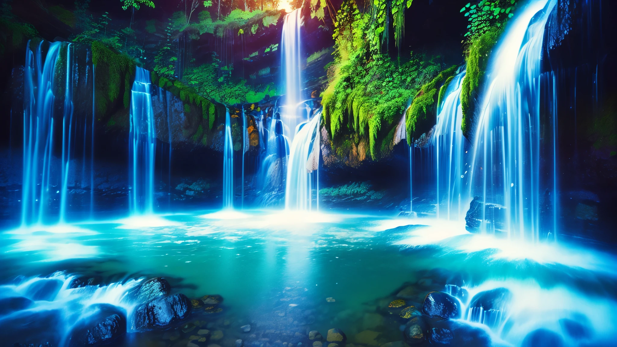 Majestic Atmosphere,Vast Sky,( very beautiful artistic watercolor painting ),Beautiful Nature ,beautiful sky from the light source\(( very elaborate and beautiful galaxy reflection:1.4)\),(Many waterfalls are lined up),There are waterfalls on both sides of the river,Lots of Flow,Glowing Moss,fantasy,twinkling mystical light ,reflection, quality\(8k, very detailed傑作, high resolution,top- quality,super realistic, increase resolution , RAW photo ,beste quality, very detailed \)
