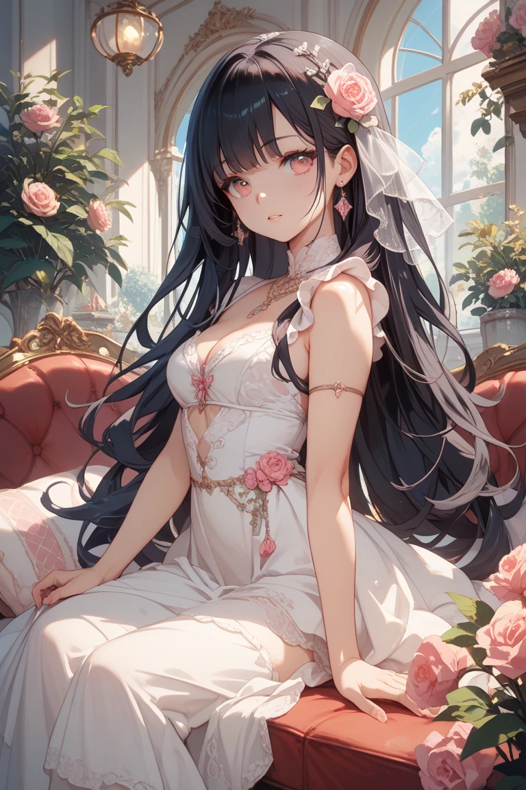 A woman wearing a luxurious white dress wedding, white hair flower, dress wedding, spaghetti strap, no-sleeves dress, silver earring, jewerly,
hair ornament, Eyes red, smiling, Ahoge, breasts big, Bblack hair, long hair, exposed thigh, standing in a luxurious garden, mansion in the background, lawn on site, some trees around, face perfect, perfects eyes, perfect smile, location of the day,,ultra HD , main job , precise , anatomically correcte , texturized skin , super details , high qualiy , best qualityer, 8k, high resolution, bokeh effect. (woman alone), realisitic