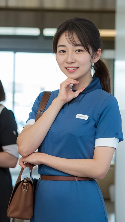 One girl,summer,Hotel Front Desk,reception,Rooms,Standing,Black Hair,Short Bob,smile,Hotel Uniform,Honor student,Innocent,front,Small bulging lines on the chest,Look here,transparent,  Soft Light,(masterpiece, Highest quality), Structure of the film, Like a movie