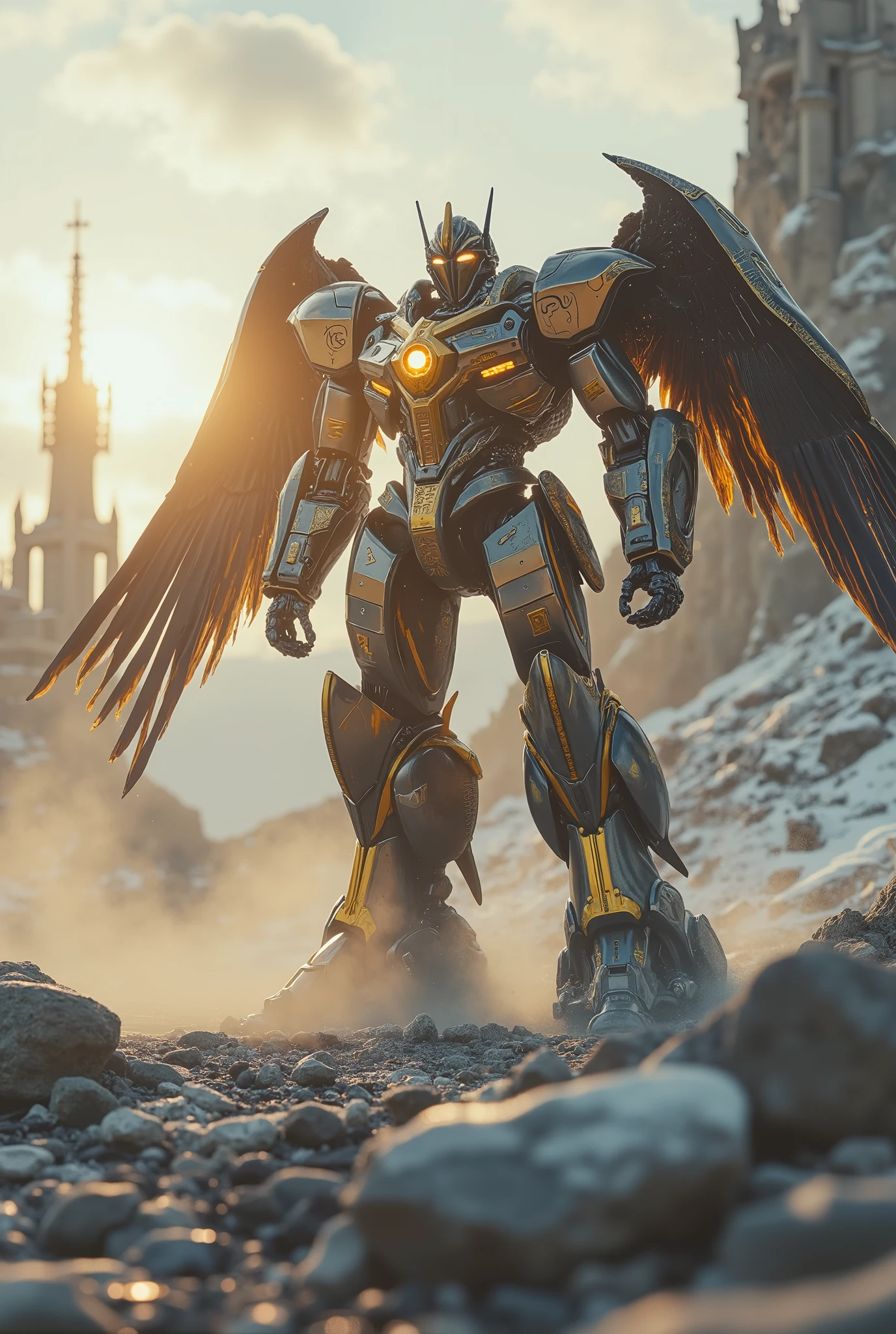 (Masterpiece, ultra-realistic, 32k, best quality, hyper-detailed, cinematic lighting, reversal film photography, film grain, filmfotos, intricate textures, photorealistic, dramatic composition, immersive depth, trending on ArtStation)
(Sci-fi cinematic scene, post-apocalyptic wasteland, shattered stone monoliths, gothic-mechanical fusion, cybernetic decay, divine yet war-torn ambiance. Sunrise light pierces the dust-filled air, white and pink halos casting ethereal flares, embers drifting in the solemn silence. Scene: Epic Dramatic cinematic scene, Realistic Lighting, Grimmdark, darktale, machanical. The snow storm mountain valley background, dramatic sky. High angle loooking down shot from the top, wide view. Inside the Valley, located the huge dark tone stone Gothic Cathedral, Byzantine Gothic medieval Palace style, Ornate and doom tower. Some Lighting windows on the castle and Lighting Torchs around The defensive wall.)
(A titanic Mechanical OPTIMUS PRIME Located in the square, outside the Cathedral, armored in gilded plating, massive cybernetic wings unfurled, intricate metal annulus above its head emitting radiant golden beams. Ancient yet futuristic, glowing cybernetic runes pulse along its frame, exuding divine authority. Its reinforced plating bears intricate engravings catching the golden light, blending religious iconography with cold mechanical efficiency.)
(Armed with giant Mech sword, unwavering presence, standing as a forgotten guardian of a ruined world. Dynamic wide-angle shot, volumetric lighting, high-contrast, deeply atmospheric, awe-inspiring and foreboding.)