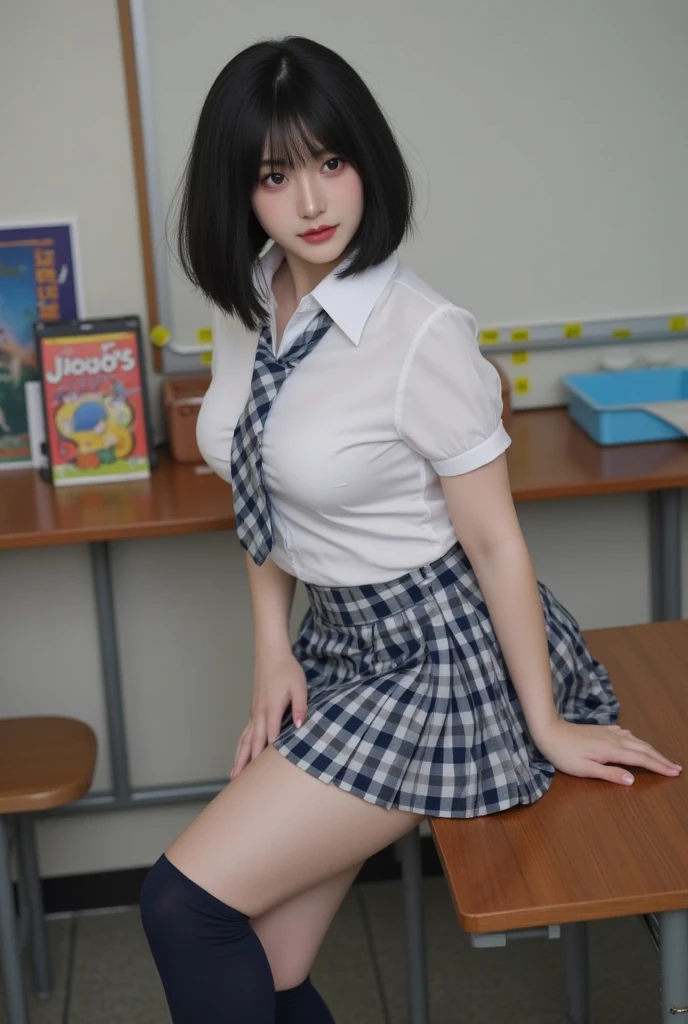 Best image quality、超A high resolution、Raw photo、Professionally lit、Detailed Background、I'm in a classroom full of people、 full body、Reze,(Dark purple hair、Short Hair、Hair tied behind the head)+(Green Eye)+(black ring choker)、(school uniform:1.4)、(White underwear:1.3)、Black socks、Large sagging breasts、Huge breasts that look like they might burst、((Sweaty skin))、Flip up the skirt、Spread your legs to show your shorts、Woman showing off her shorts、自分でFlip up the skirt、Crouching、Spread your legs wide、、Captivating eyes､Confused Eyes､Blushed face、、Open your mouth、))