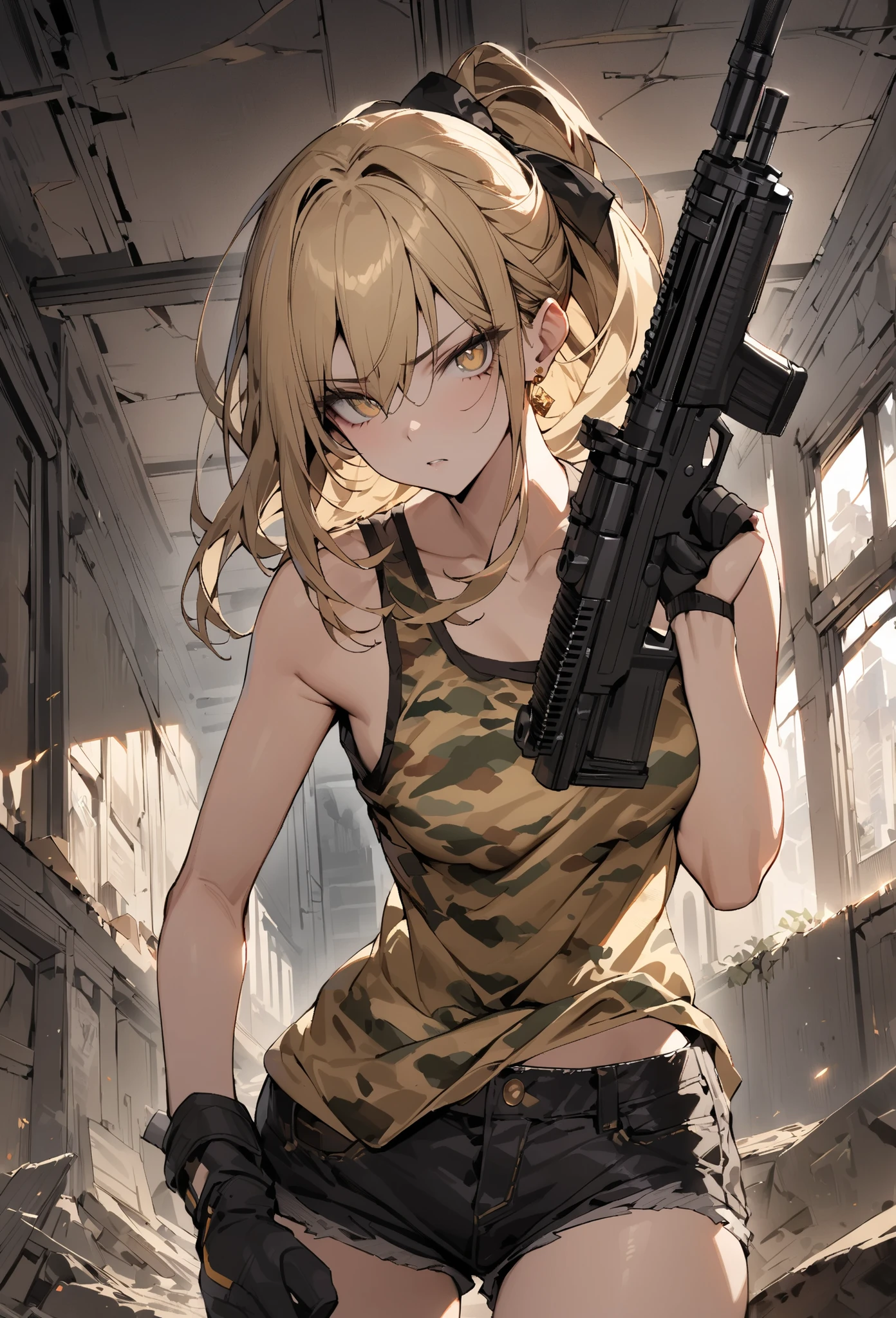 ((greatest masterpiece,Super high quality:1.2)),(super resolution),(solo),cowboy shot(front),night,Slender, slender high school student holding a gun in an abandoned building in a cool pose,beautiful face,(long blonde hair),perfect golden eyes,staring at you,serious expression,high quality camouflage tank top,high quality black denim shorts,high quality black military boots,gold earrings