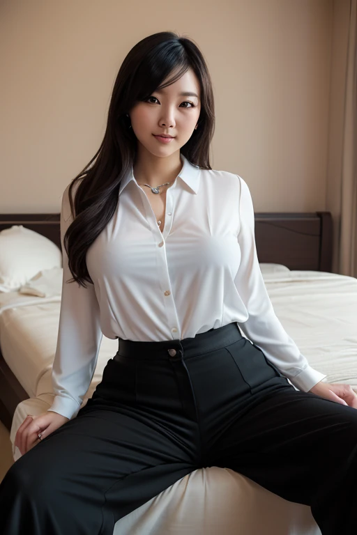 Zhang Ziyi wearing unbuttoned long-sleeved shirt and dotted panties and smiling