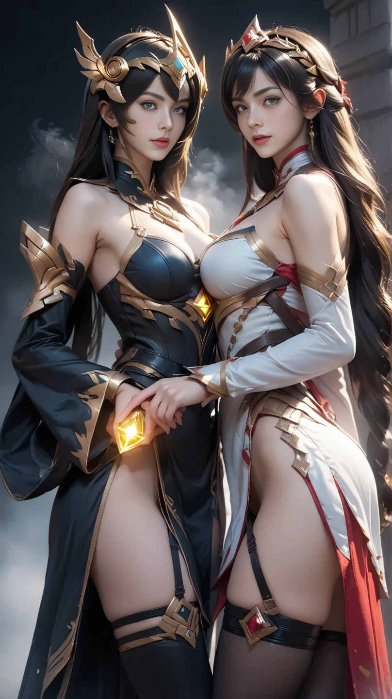 2 women, brave expression, 1 woman (PINK hair), 1 woman (BLACK hair), long straight hair, flowing dress, shiny skin, subtle blush, warm tones, sun reflection, shadows, distant mountains, willow, reflection, illuminated clouds, ultra detailed, large breasts, neckline, crevices, oriental, yae miko, kujou sara