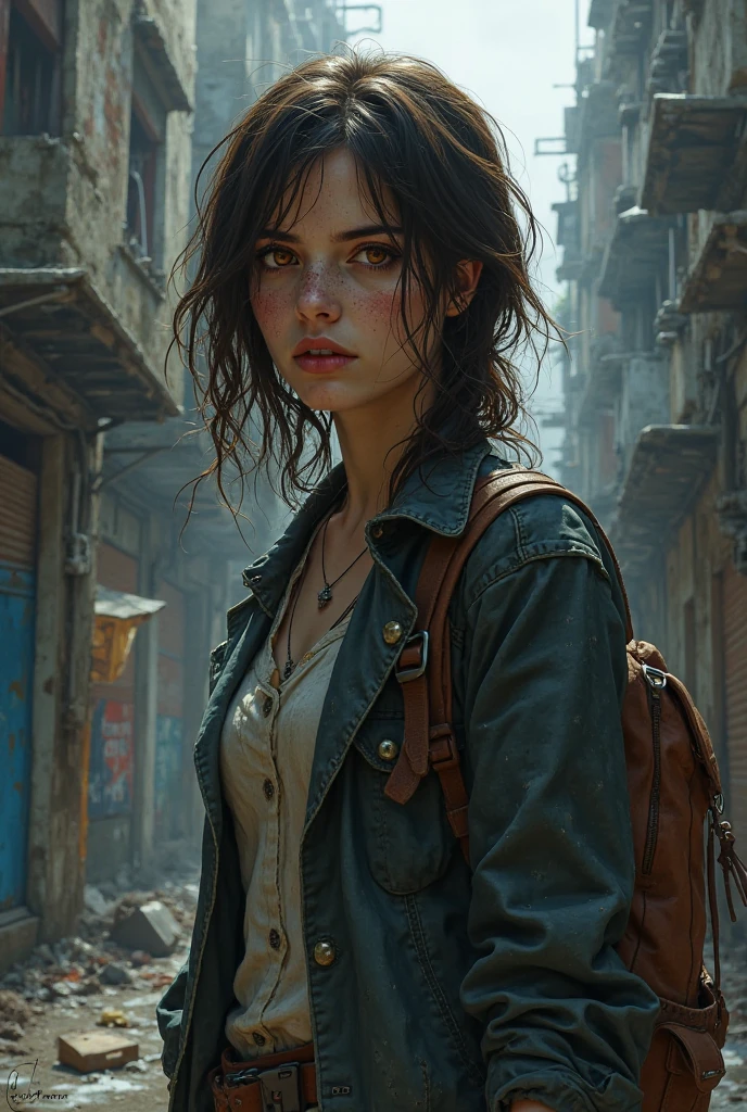 standing, facing forward, beautiful south american woman in her 20s, mud, scratches on face, mud stained brown hair and face, dirty and torn clothes, smooth skin, crying expressions, isometric details, amazingly realistic photos, green eyes, zombie apocalypse, teary eyes