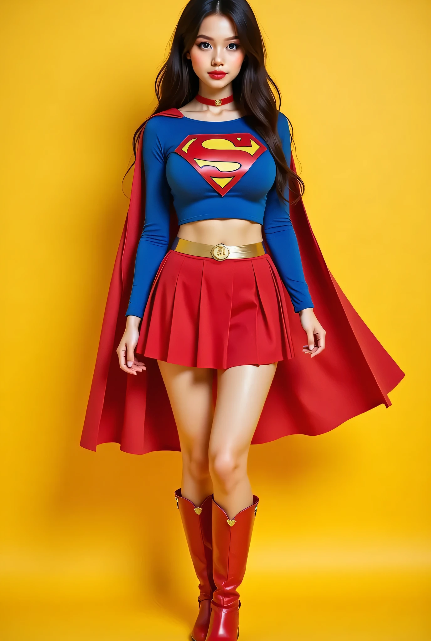 (BLUE EYES:2.3) a beautiful YOUNG girl with long BLACK hair, detailed blue eyes, nose, RED SPIKED CHOKER, red lipstick,WEARING A LONG SLEEVE BLUE SUPERGIRL CROP TOP WITH LONG SLEEVES, RED PLEATED SKIRT WITH A SUPERGIRL BELT, RED CAPE AND RED BOOTS (best quality,4k,8k,highres,masterpiece:1.2),ultra-detailed,(realistic,photorealistic,photo-realistic:1.37),HDR,studio lighting,extremely detailed face and body, portrait,warm color tones,dramatic colors. PERFECT SKIN, PERFECT BLUE EYES, MILLIONS OF intricate DETAILS, 8K. COMPLETE BODY VIEW. YELLOW BACKGROUND