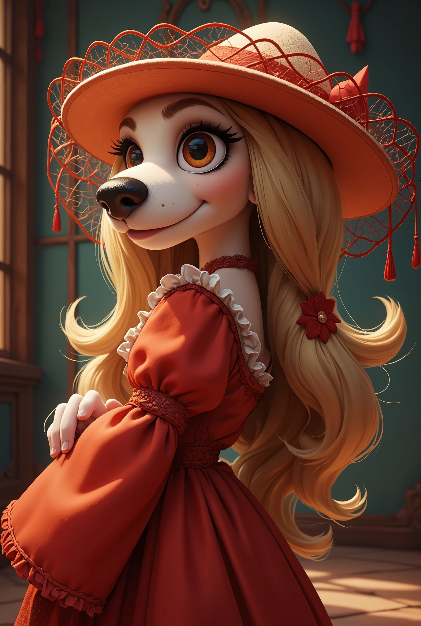 2-D art, cartoon style, old-school Disney, hand drawing, (best quality, masterpiece:1.2), side view, anthropomorphic, a Chinese Crested Dog with long hair, wearing long red elegance dress and women's hat with a veil, actress, graceful physique, like a 1890s style, noire, simple lines, looking to camera, serteuse look, big expressive eyes, (natural textile texture, soft light, sharp:1.2), (intricate details:1.1), bokeh