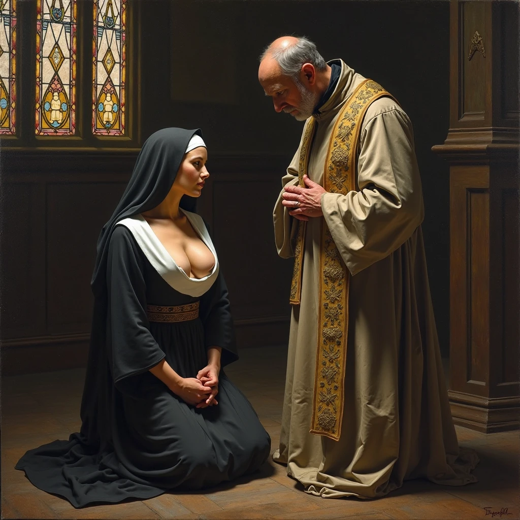 score_9, score_8, score_7_up, 1girl, 1boy, magnificent body, pubic hair, beautiful sexy nun, she is beautiful and very hot, grand setting, doggystyle, sex for salvation, Ecstasy
