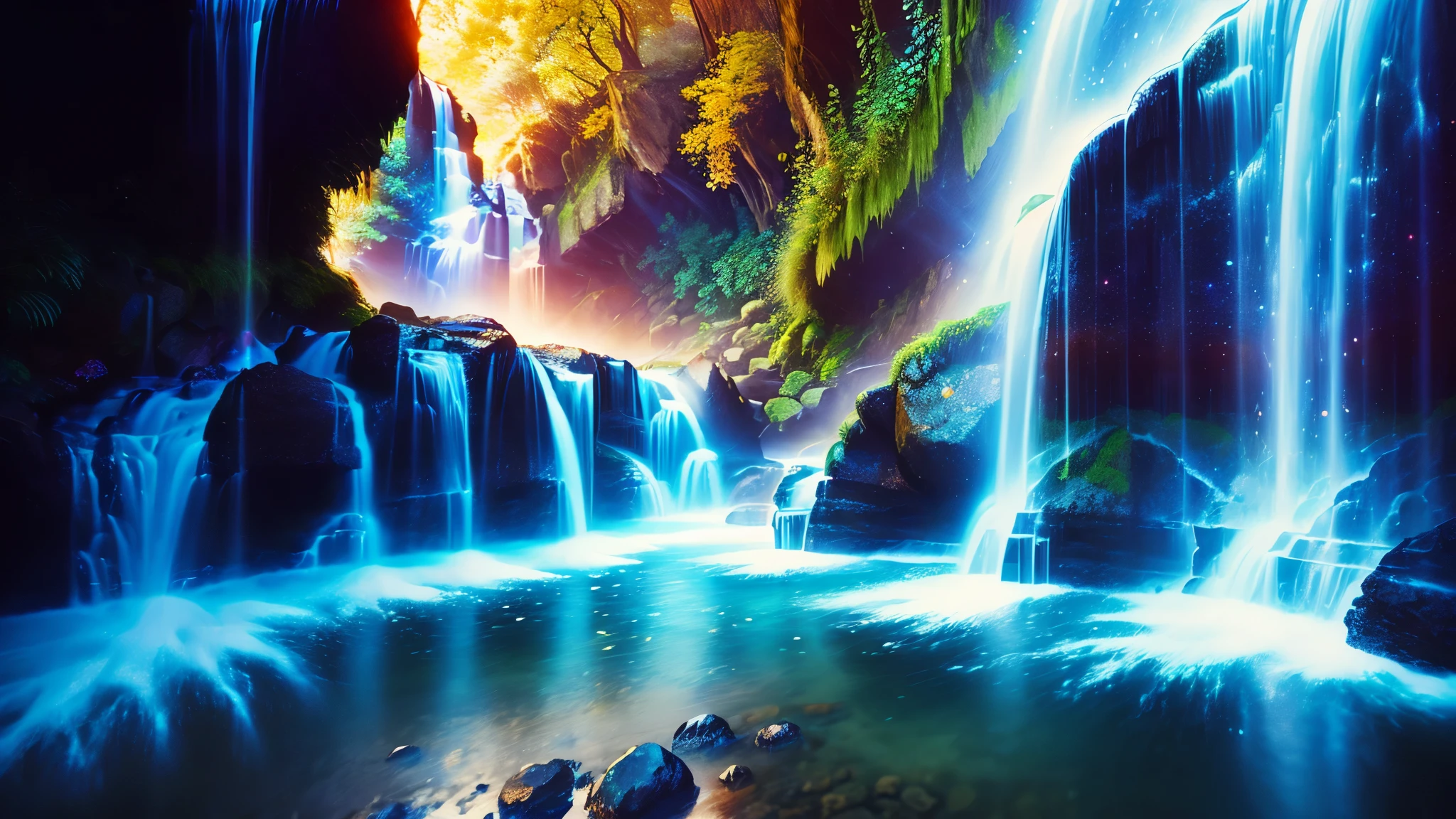 Majestic Atmosphere,Vast Sky,( very beautiful artistic watercolor painting ),Beautiful Nature ,beautiful sky from the light source\(( very elaborate and beautiful galaxy reflection:1.4)\),(Many waterfalls are lined up),There are waterfalls on both sides of the river,Lots of Flow,Glowing Moss,fantasy,twinkling mystical light ,reflection, quality\(8k, very detailed傑作, high resolution,top- quality,super realistic, increase resolution , RAW photo ,beste quality, very detailed \)