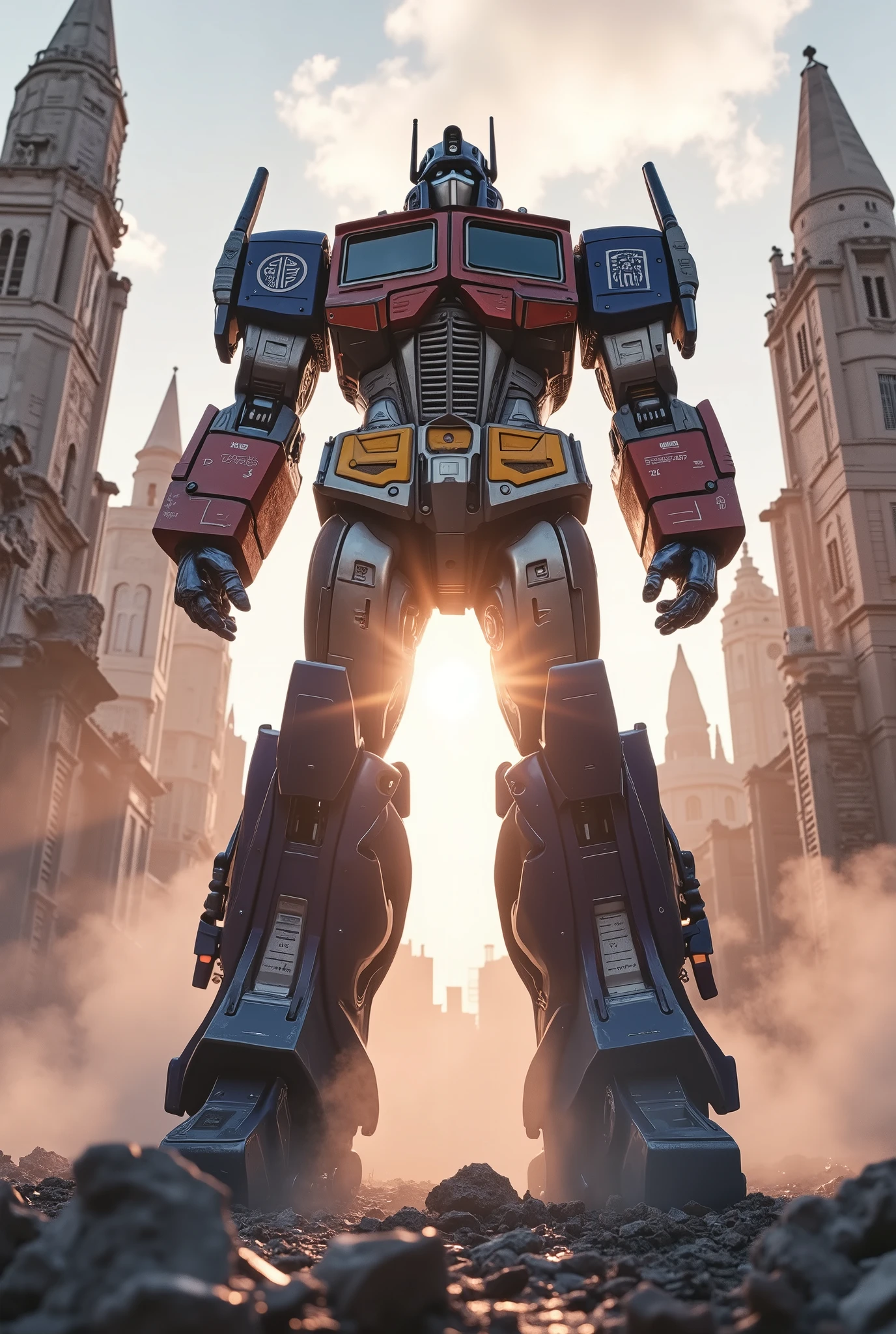 (Masterpiece, ultra-realistic, 32k, best quality, hyper-detailed, cinematic lighting, reversal film photography, film grain, filmfotos, intricate textures, photorealistic, dramatic composition, immersive depth, trending on ArtStation)
Massive Temple of Optimus Prime. A titanic Mechanical OPTIMUS PRIME statue Located in center of the square. Guarding stance.
(Sci-fi cinematic scene, shattered stone monoliths, gothic-mechanical fusion, cybernetic decay, divine yet war-torn ambiance. Sunrise light pierces the dust-filled air, white and pink halos casting ethereal flares, embers drifting in the solemn silence. Scene: Epic Dramatic cinematic scene, Realistic Lighting, Grimmdark, darktale, machanical. High angle loooking down shot from the top, wide view. Inside the city, located the huge dark tone stone Gothic Cathedral, Byzantine Gothic medieval Palace style, Ornate and doom tower.)
(Ancient yet futuristic, glowing cybernetic runes pulse along its frame, exuding divine authority. Its reinforced plating bears intricate engravings catching the golden light, blending religious iconography with cold mechanical efficiency.)
(Armed with giant Mech sword, unwavering presence, standing as a forgotten guardian of a ruined world. Dynamic wide-angle shot, volumetric lighting, high-contrast, deeply atmospheric, awe-inspiring and foreboding.)