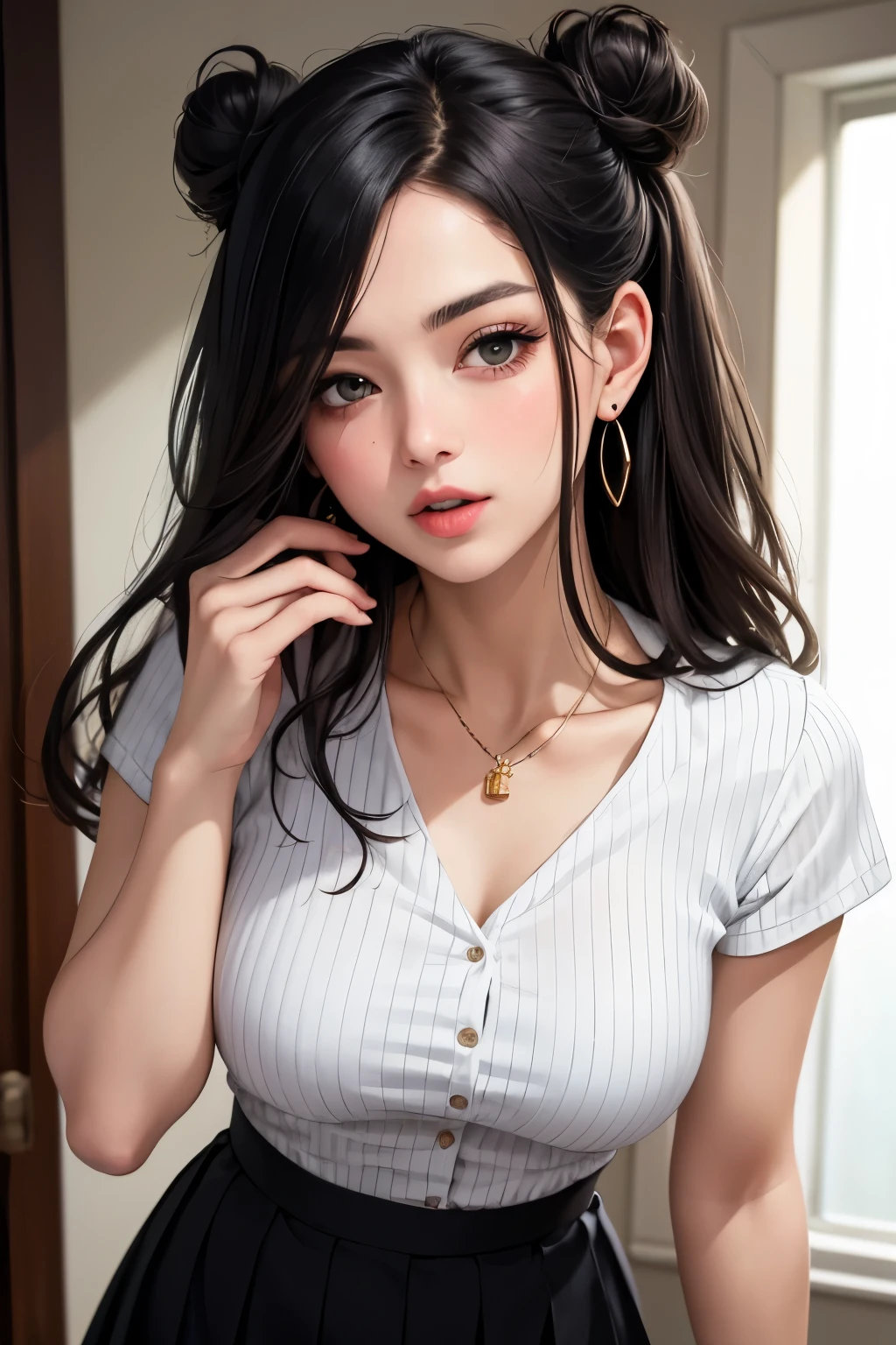 (best quality,ultra-detailed,realistic:1.37),oil painting,portrait,colorful,soft lighting, Native American Indian girl, uniform, gentle expression, big brown eyes, long black hair, pink cheeks, shy smile, feminine features, traditional accessories, feather headdress, turquoise jewelry, standing pose, ((lifting her skirt slightly, revealing pink panties)), alluring gaze, flirting with the viewer, delicate brushstrokes, vibrant colors, intricate patterns, cultural pride.