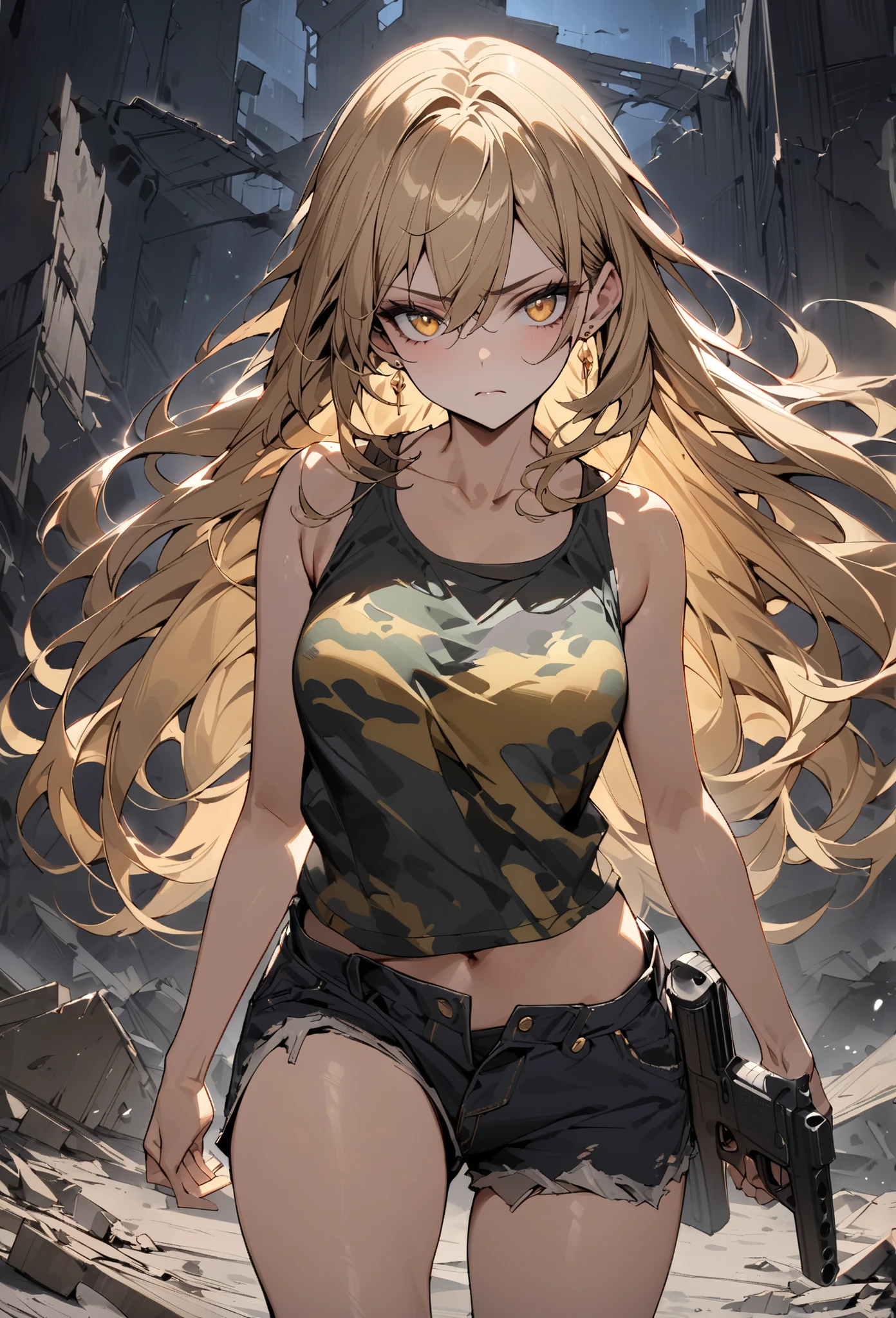 ((greatest masterpiece,Super high quality:1.2)),(super resolution),(solo),cowboy shot(front),night,Slender, slender high school student posing for shooting a gun in ruins,beautiful face,(long blonde hair),perfect golden eyes,staring at you,serious expression,high quality camouflage tank top,high quality black denim shorts,high quality black military boots,gold earrings