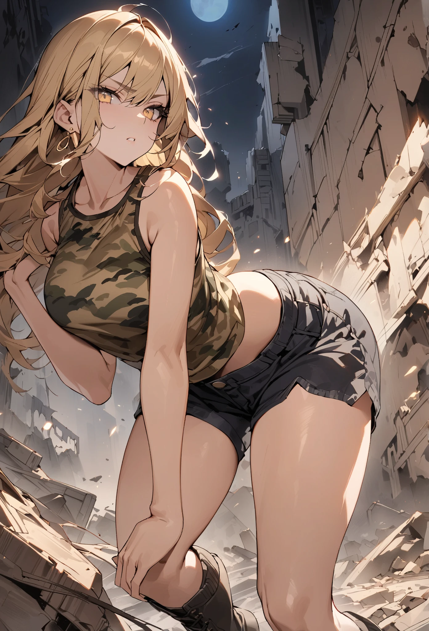 ((greatest masterpiece,Super high quality:1.2)),(super resolution),(solo),cowboy shot(front),night,Slender, slender high school student posing for shooting a gun in ruins,beautiful face,(long blonde hair),perfect golden eyes,staring at you,serious expression,high quality camouflage tank top,high quality black denim shorts,high quality black military boots,gold earrings
