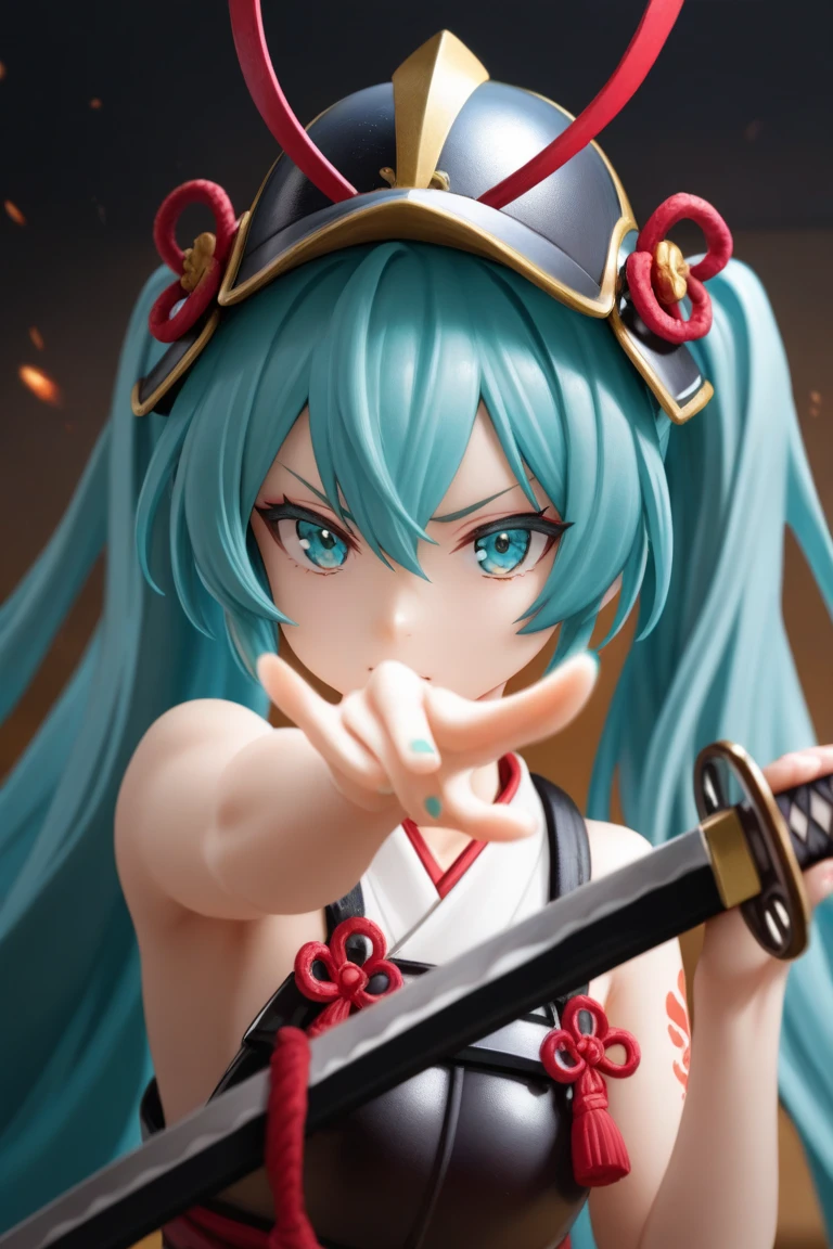 (best quality),(masterpiece),8k,high resolution,  (ultra-detailed) , Alone , girl , hatsuneMiku, miku, , ,  turquoise hair  , twin tails , create a perfect body line , draw an anatomically accurate picture , Hot body , exact finger , red 01 tattoo on one upper arm , Light effects   , The blue-green nails  , break, dynamic angle, In a battle during the Sengoku period, break a samurai lord on horseback lets out a fierce battle cry. break she wears traditional Japanese armor and helmet, holding a katana.