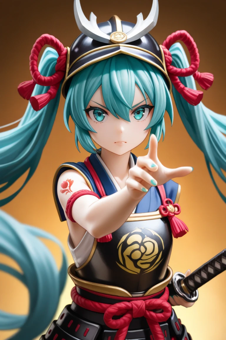 (best quality),(masterpiece),8k,high resolution,  (ultra-detailed) , Alone , girl , hatsuneMiku, miku, , ,  turquoise hair  , twin tails , create a perfect body line , draw an anatomically accurate picture , Hot body , exact finger , red 01 tattoo on one upper arm , Light effects   , The blue-green nails  , break, dynamic angle, In a battle during the Sengoku period, break a samurai lord on horseback lets out a fierce battle cry. break she wears traditional Japanese armor and helmet, holding a katana.