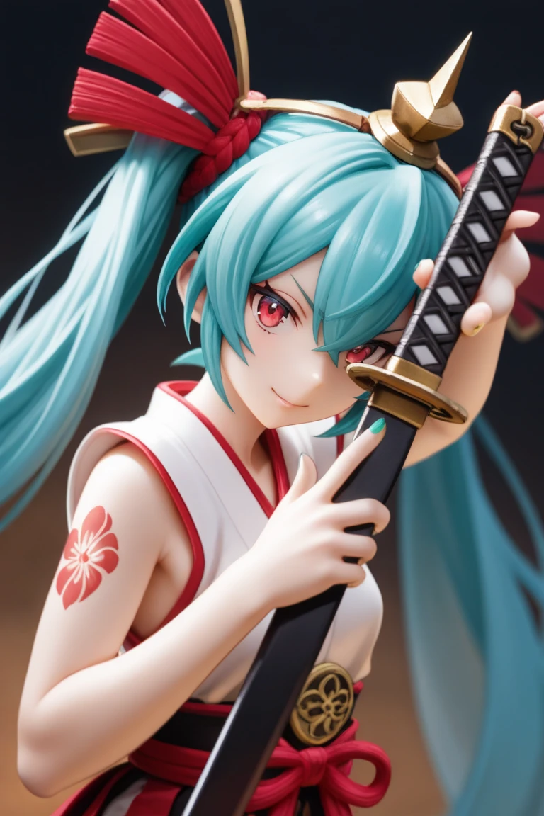 (best quality),(masterpiece),8k,high resolution,  (ultra-detailed) , Alone , girl , hatsuneMiku, miku, , ,  turquoise hair  , twin tails , create a perfect body line , draw an anatomically accurate picture , Hot body , exact finger , red 01 tattoo on one upper arm , Light effects   , The blue-green nails  , break, dynamic angle, In a battle during the Sengoku period, break a samurai lord on horseback lets out a fierce battle cry. break she wears traditional Japanese armor and helmet, holding a katana.