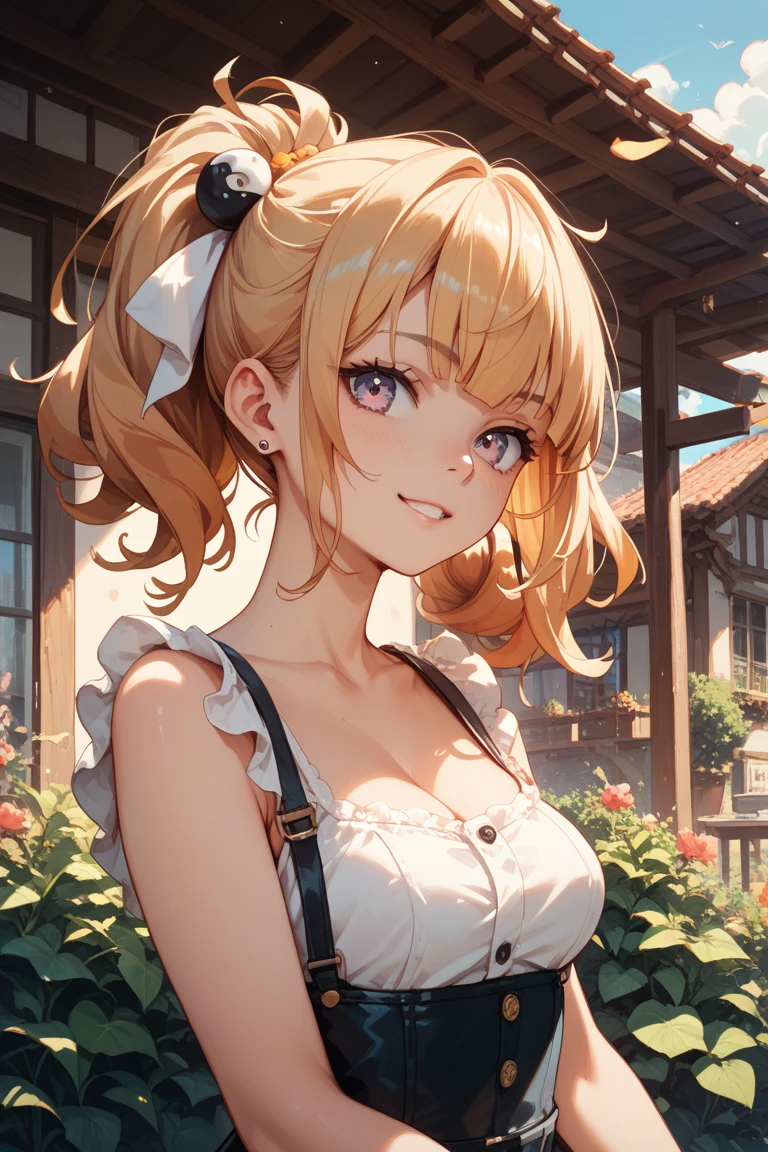 2d, masterpiece, best quality, anime, highly detailed face, highly detailed eyes, highly detailed background, perfect lighting, upper body, 1girl, solo, from below, nene_official, bear ears, two side up, corset, cleavage cutout, cutout above navel, underbust, multicolored bow, standing, embarrassed, smile, bedroom