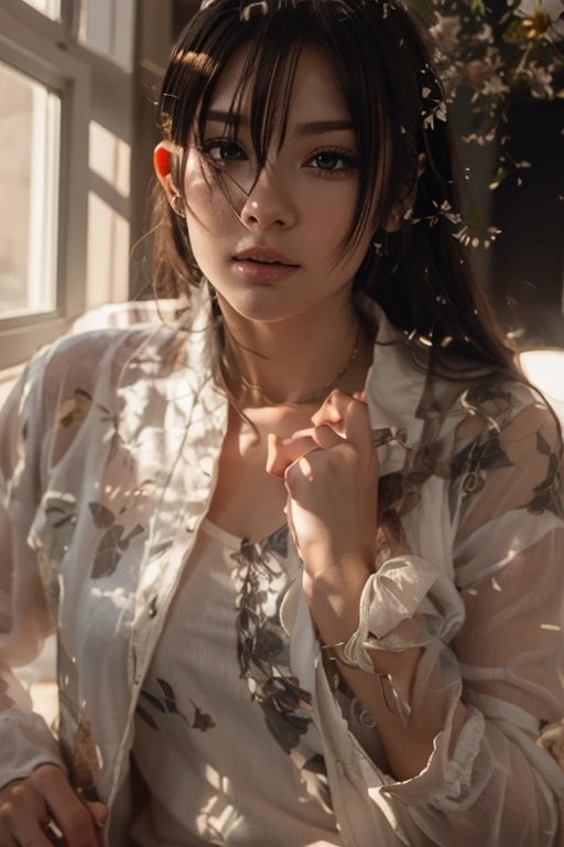 ((((masterpiece, best quality, high resolution)))), Extremely detailed 8K, Beautiful girl with voluptuous body, (Ultra HD, Ultra-detailed, Highly detailed, Highly realistic, Ultra-realistic, photograph realistic), (1girl:1.5), (Realistic white hair), short wavy black hair, bob cut, (dynamic poses), facing at camera, light smile, purple eyes, average breasts, (beautiful detailed face, beautiful detailed eyes), (white tank top, thin material), cleavage, dark jean shorts, glow, sweat, (sunbeam, sunlight)、Fishnet tights